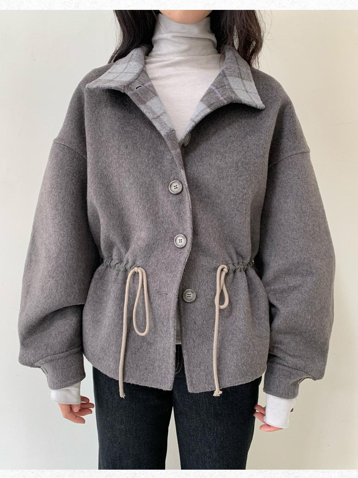 Dorydory Grey Blue Drawstring Tulip Cinched Waist Double Face Women&