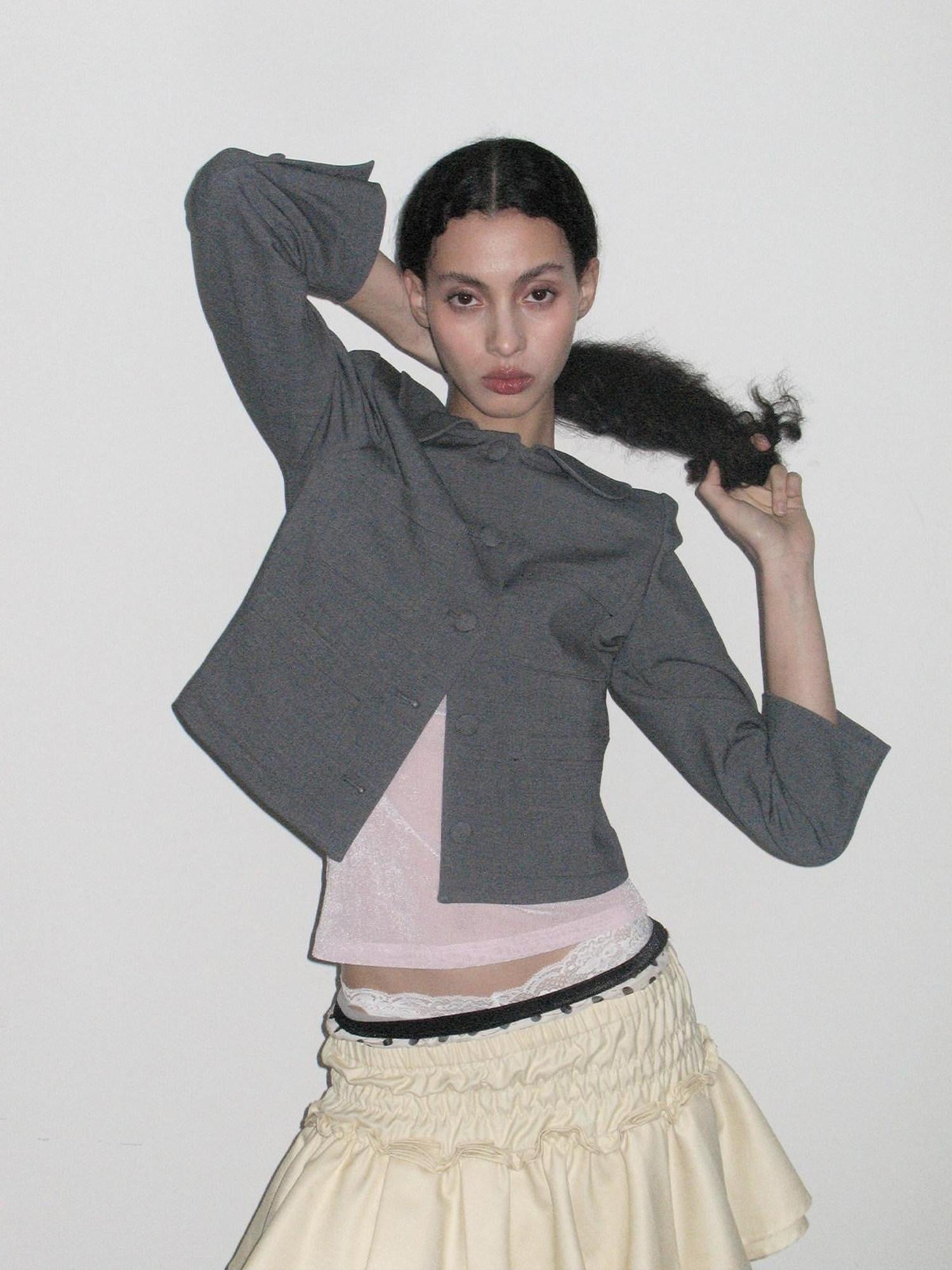 Dorydory Grey Round Neck Structured Small Lapel Cropped Old Money Women&