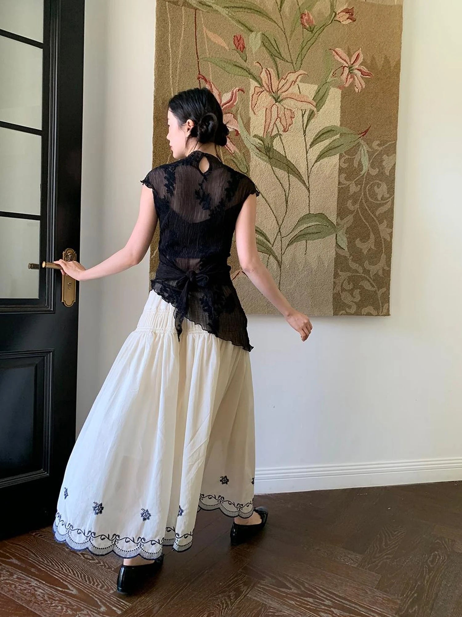 High Waisted Embroidered A Line Maxi Skirt With Color Blocking