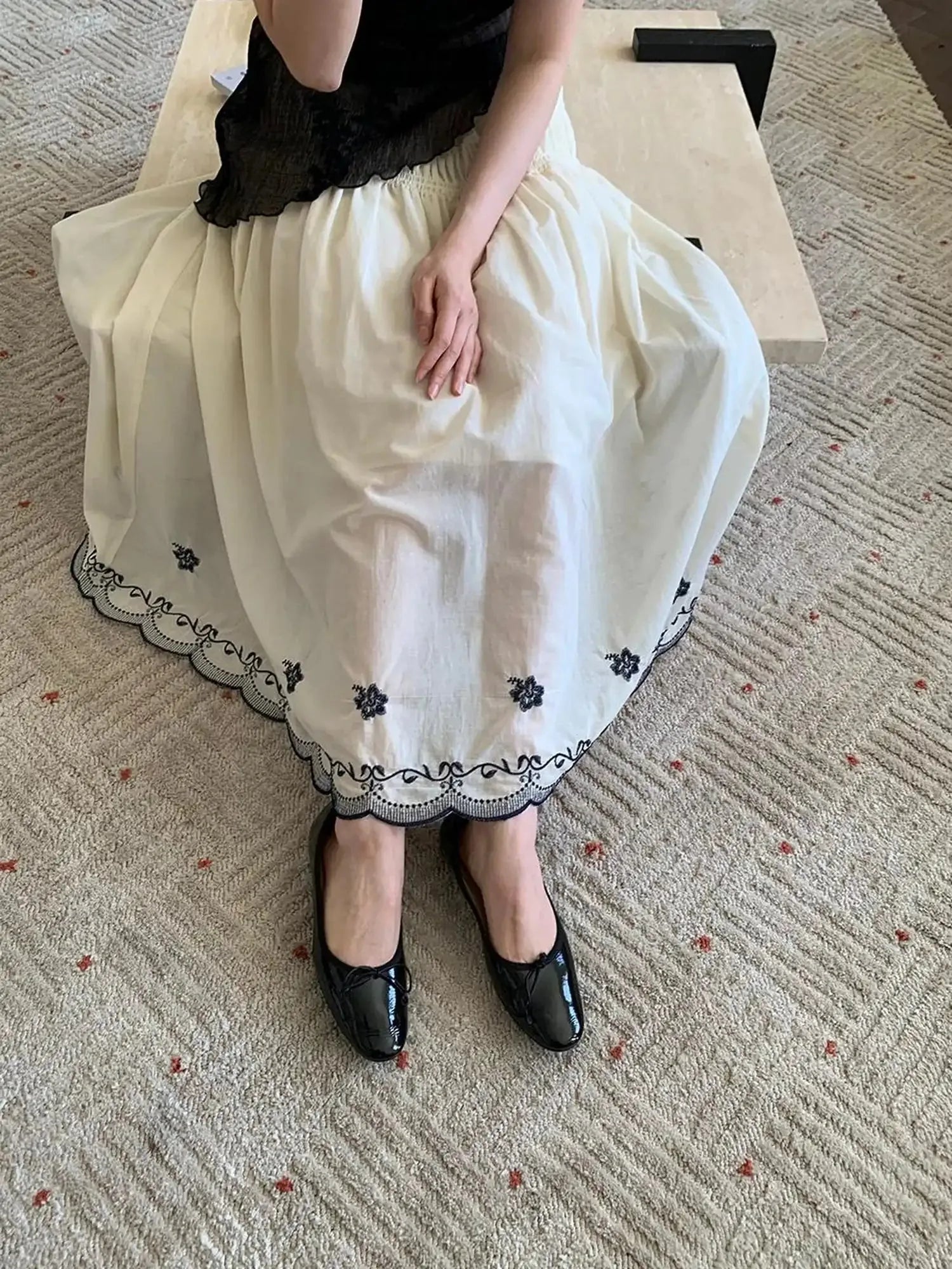 High Waisted Embroidered A Line Maxi Skirt With Color Blocking