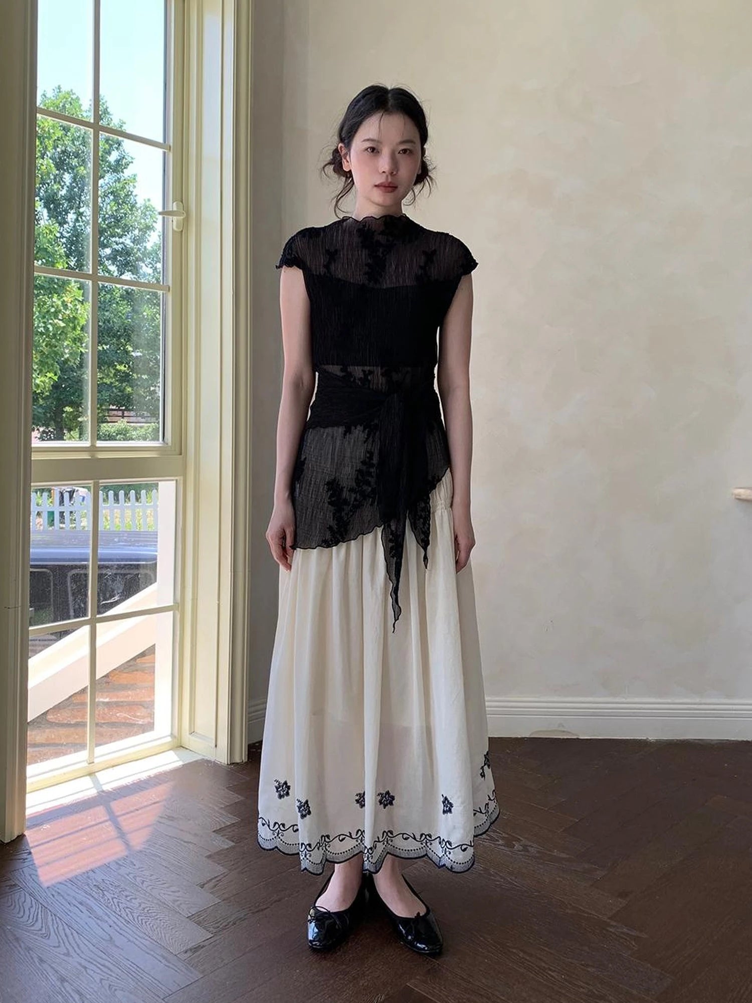 High Waisted Embroidered A Line Maxi Skirt With Color Blocking