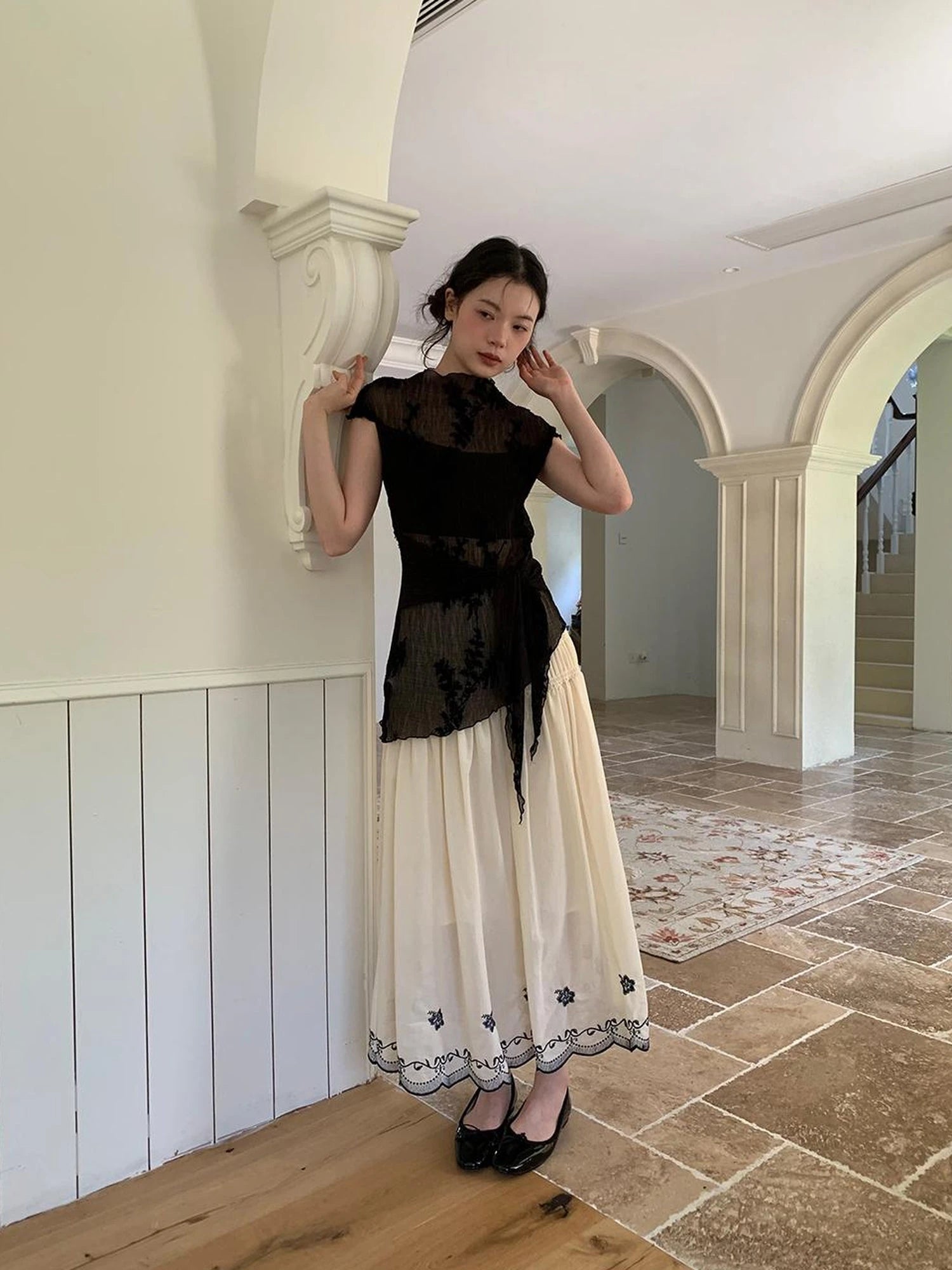 High Waisted Embroidered A Line Maxi Skirt With Color Blocking