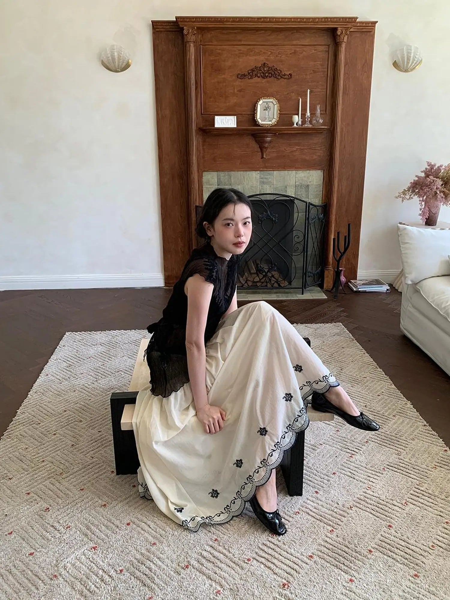 High Waisted Embroidered A Line Maxi Skirt With Color Blocking