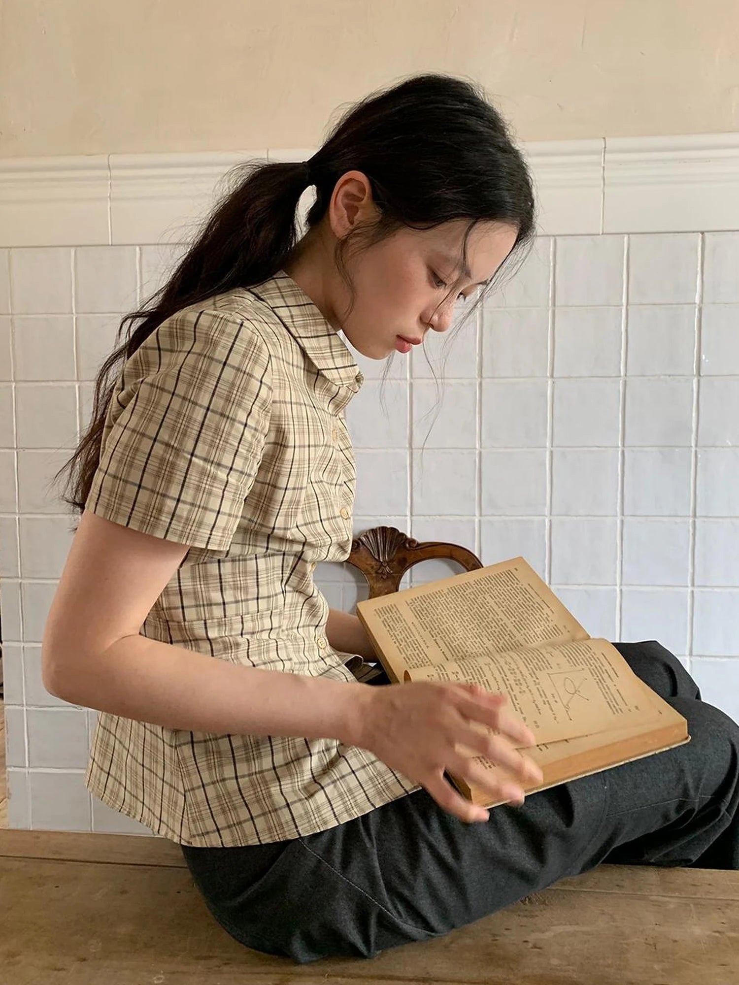 High Waisted Gingham Short Sleeve Shirt