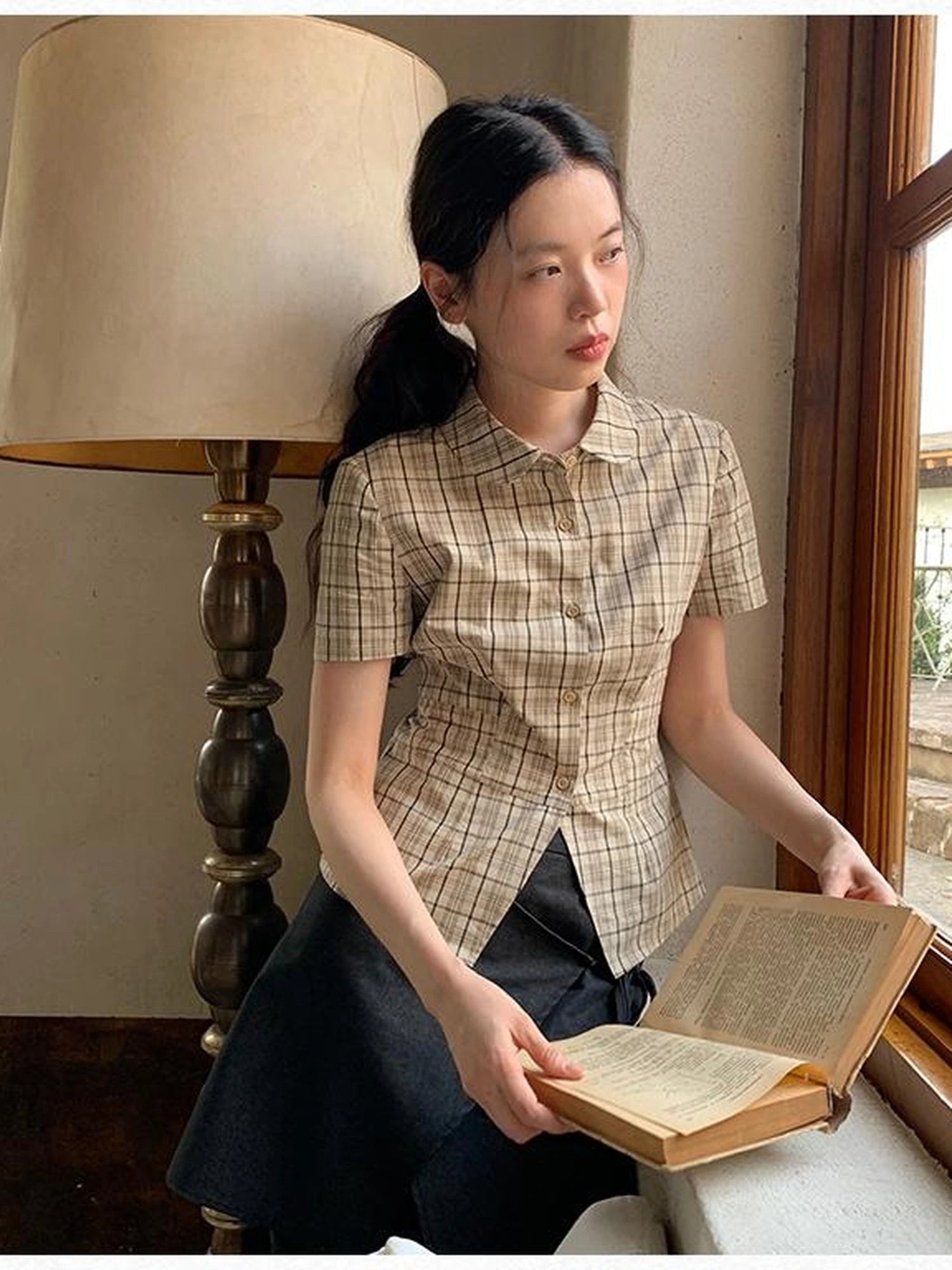 High Waisted Gingham Short Sleeve Shirt