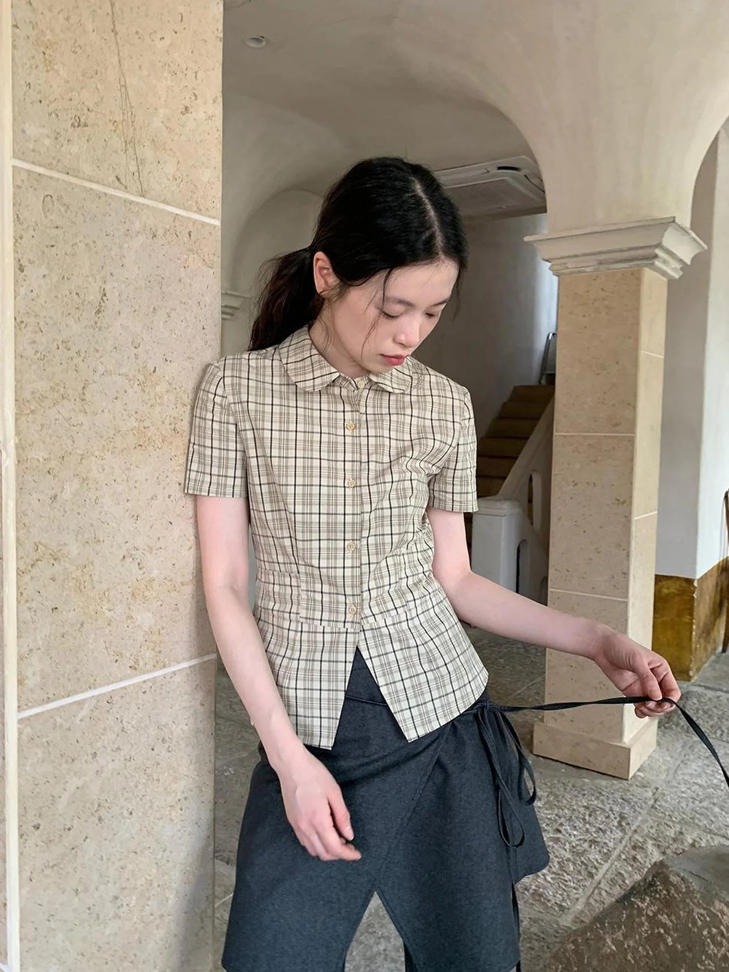 High Waisted Gingham Short Sleeve Shirt