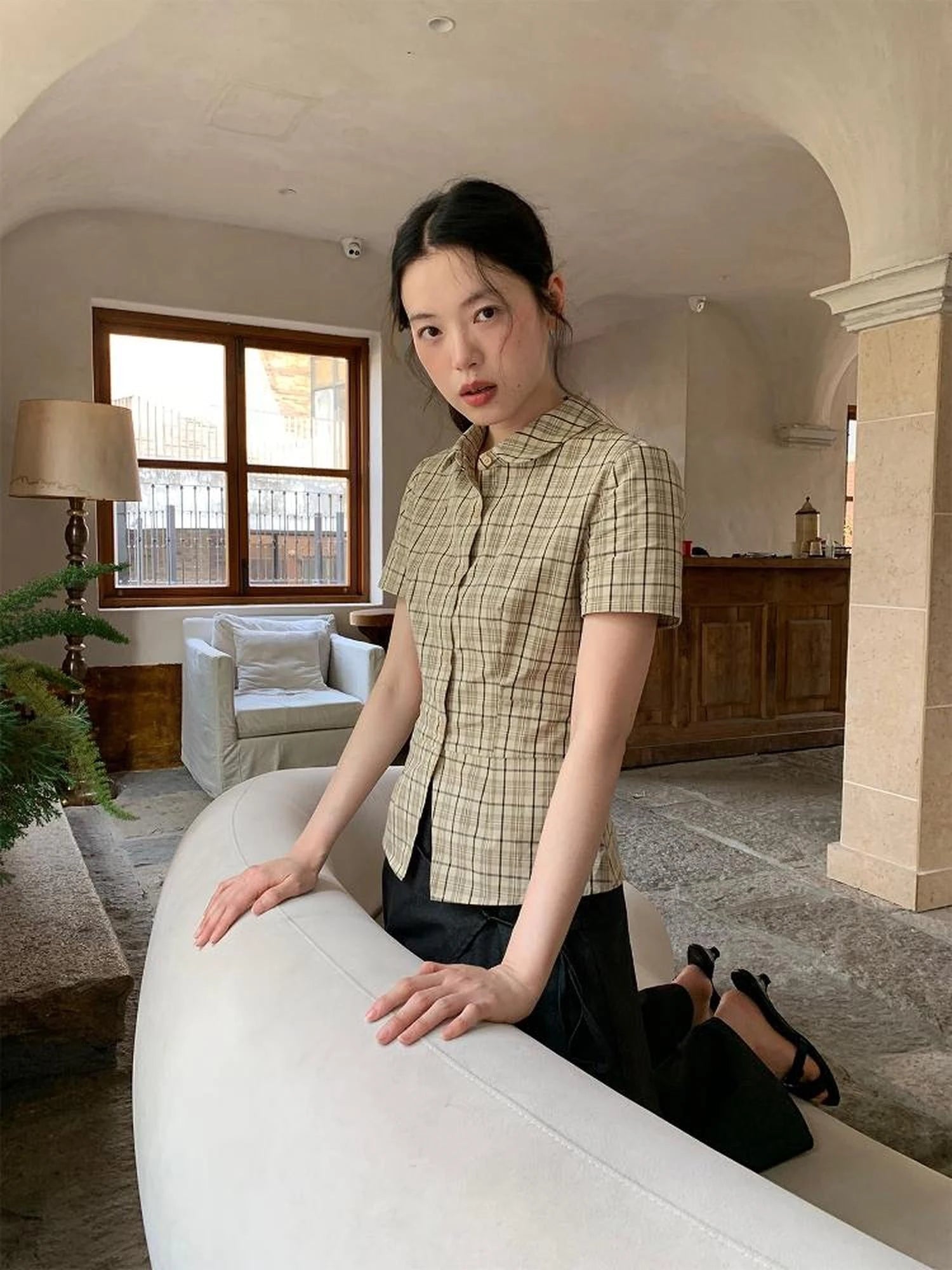 High Waisted Gingham Short Sleeve Shirt