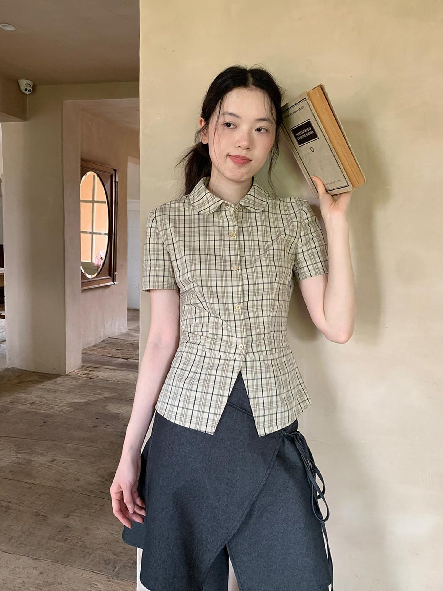 High Waisted Gingham Short Sleeve Shirt