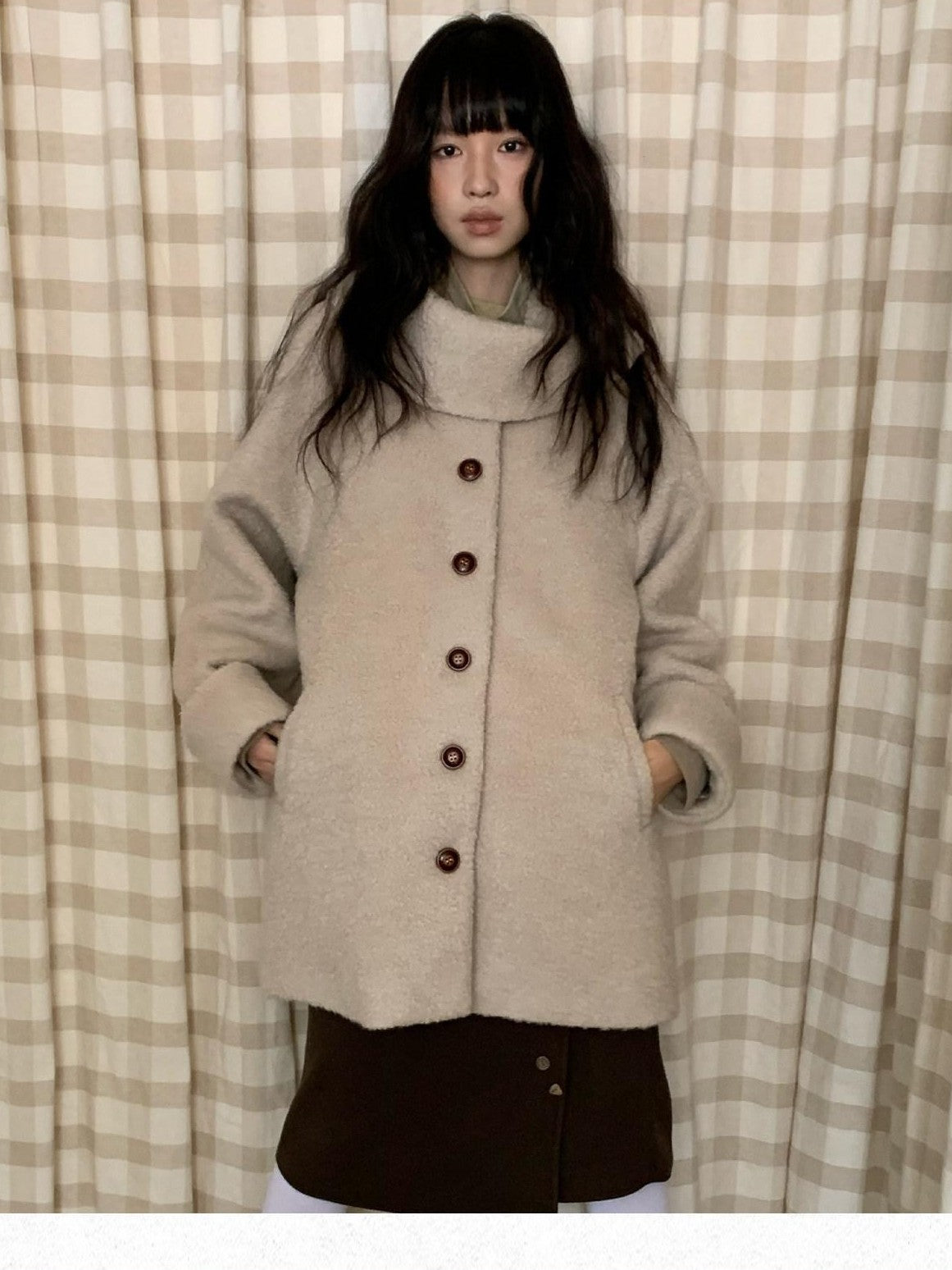 Dorydory Ivory Loop Texture Bowl Collar Single Breasted Women&