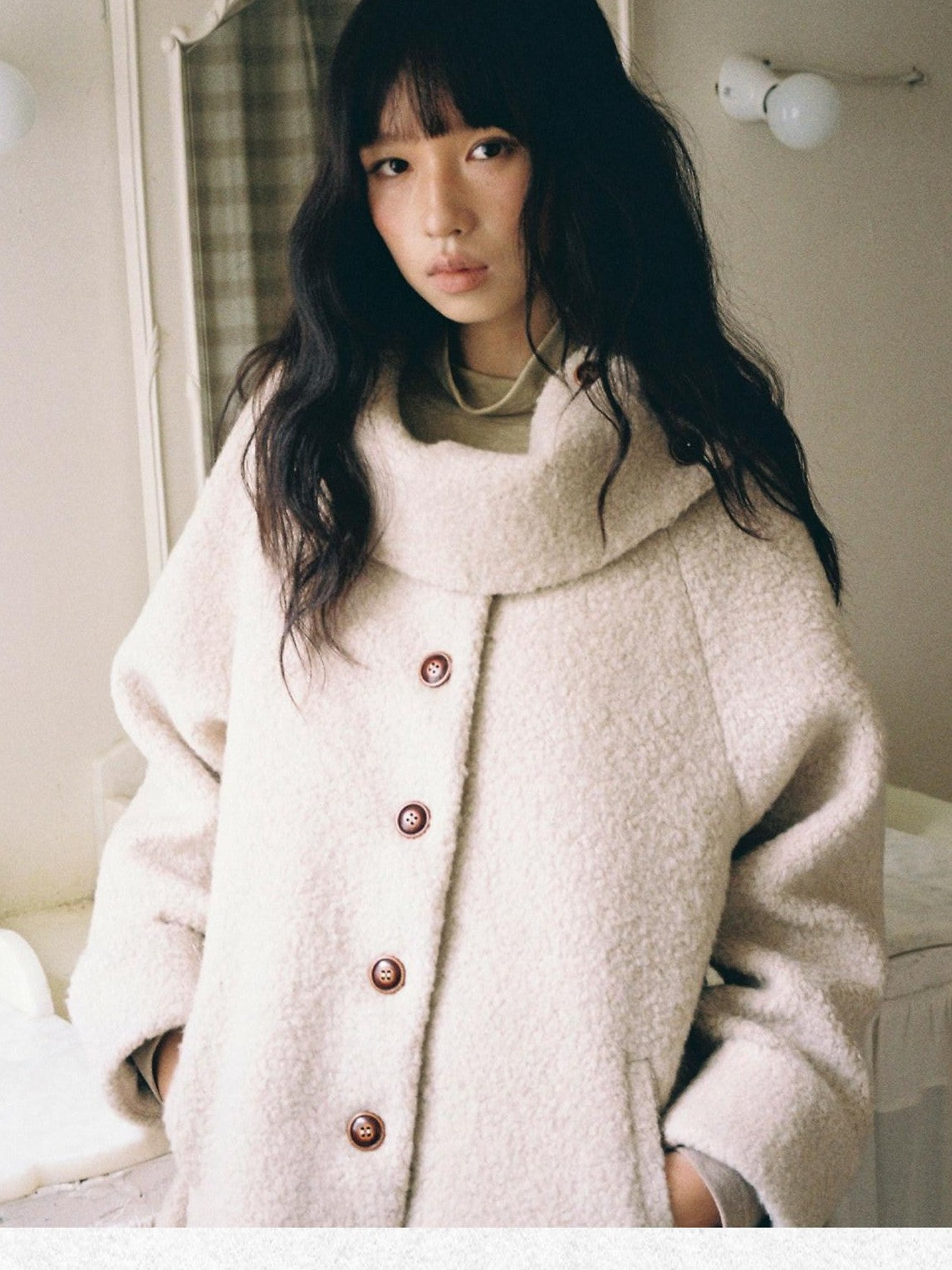 Dorydory Ivory Loop Texture Bowl Collar Single Breasted Women&