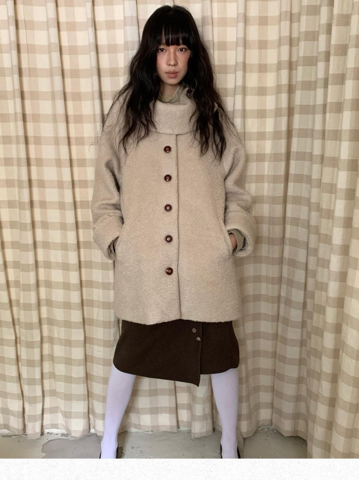 Dorydory Ivory Loop Texture Bowl Collar Single Breasted Women&