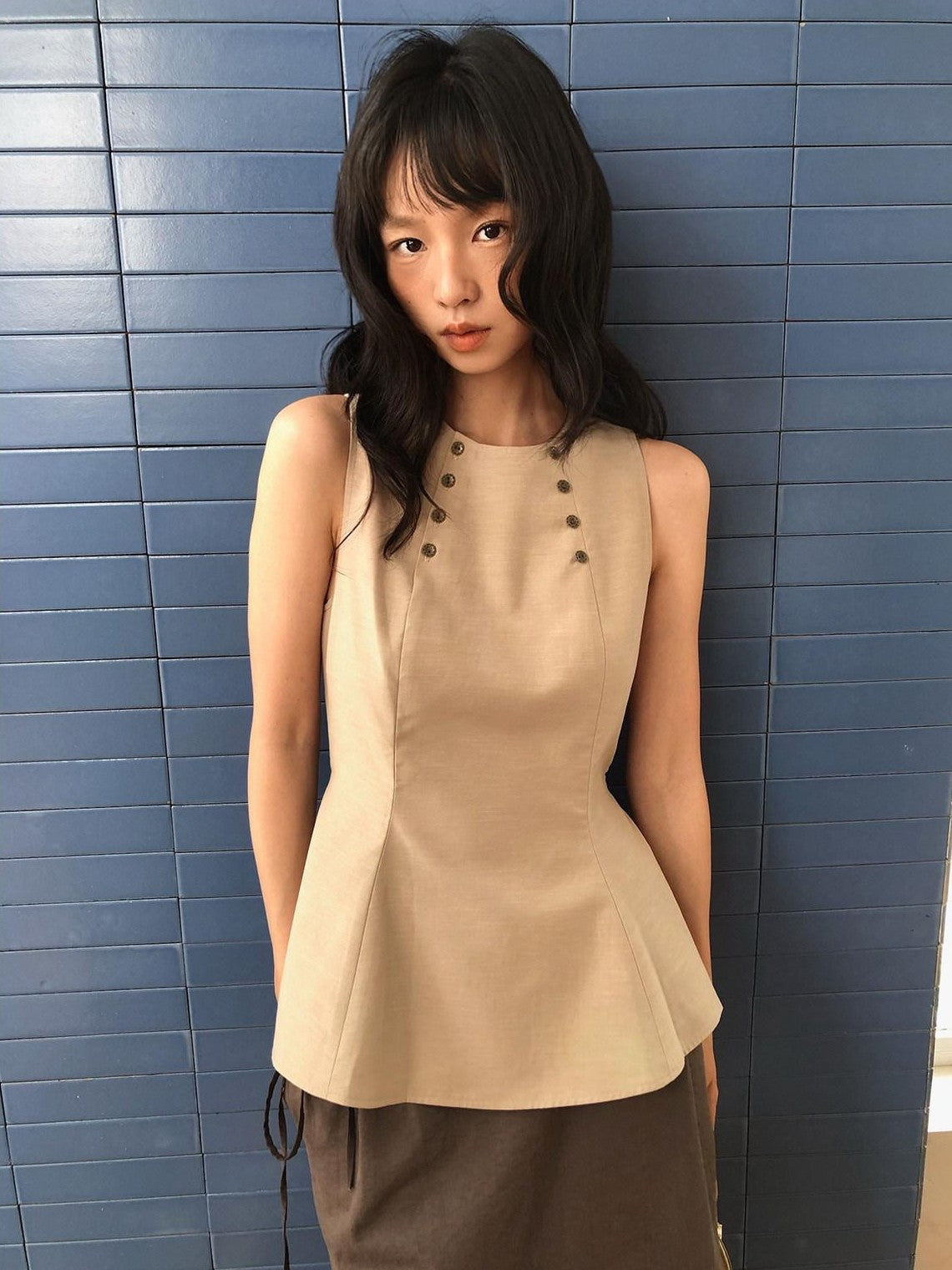 Dorydory Khaki Double Row Buttons A Line Waist Women&