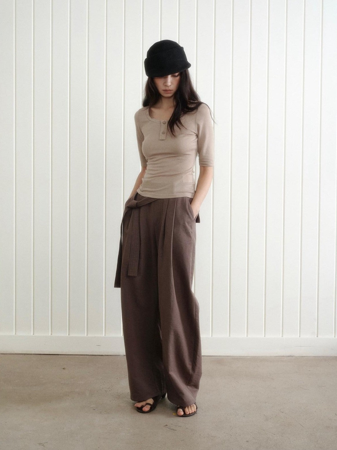 Dorydory Khaki Henley Neck Slim Fit Women&