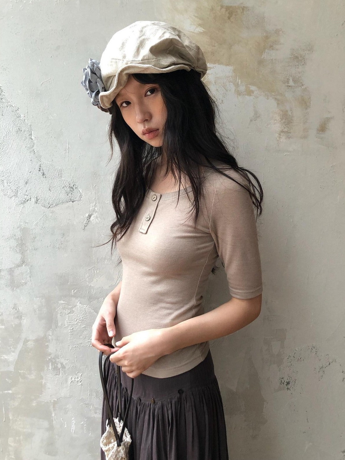 Dorydory Khaki Henley Neck Slim Fit Women&