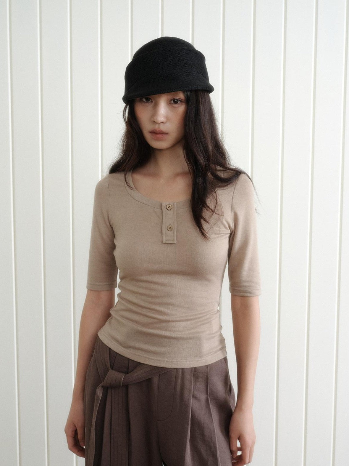 Dorydory Khaki Henley Neck Slim Fit Women&