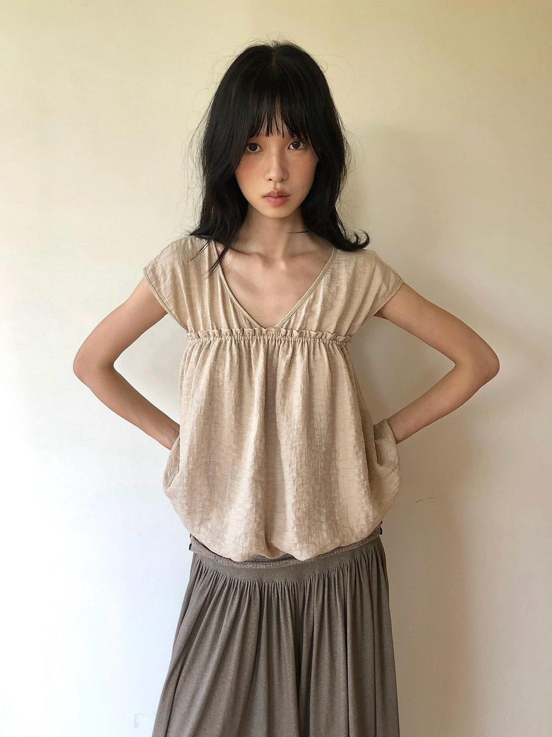 Dorydory Khaki Ruched V-neck Cropped Bubble Hem Women&