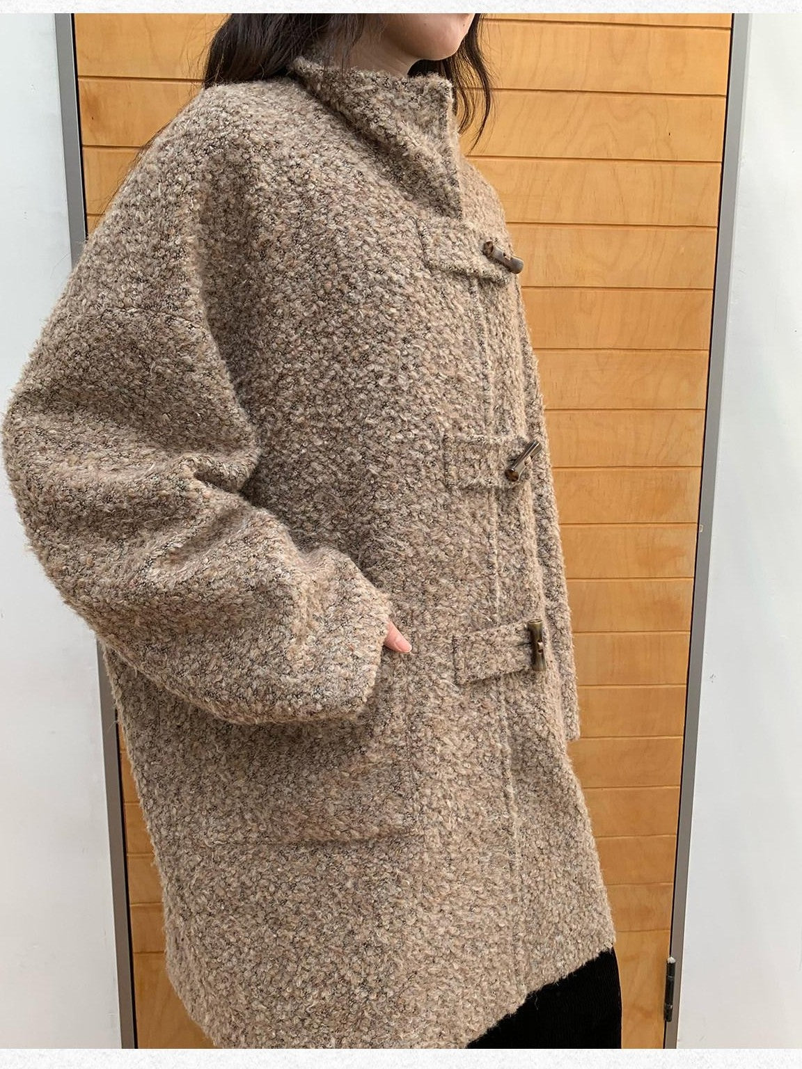 Dorydory Khaki Toggle Button Boucle Stand Collar Mid Length Women&