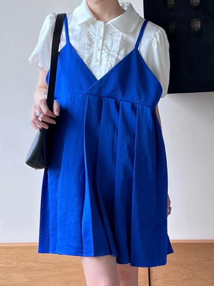 Dorydory Klein Blue Pleated Spliced High Waist Aline Women&
