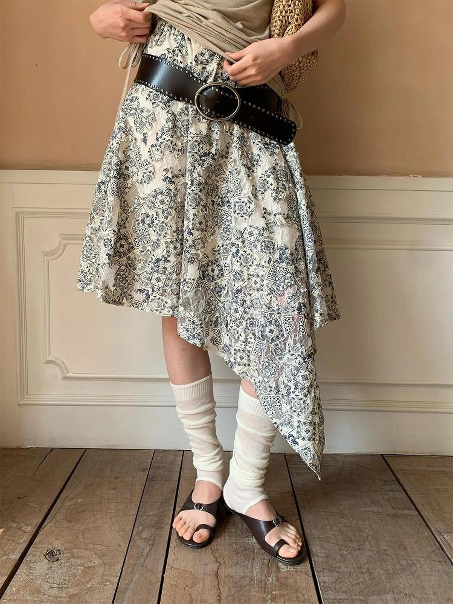 Lace Jacquard Slant Hem A Line Skirt With Draping