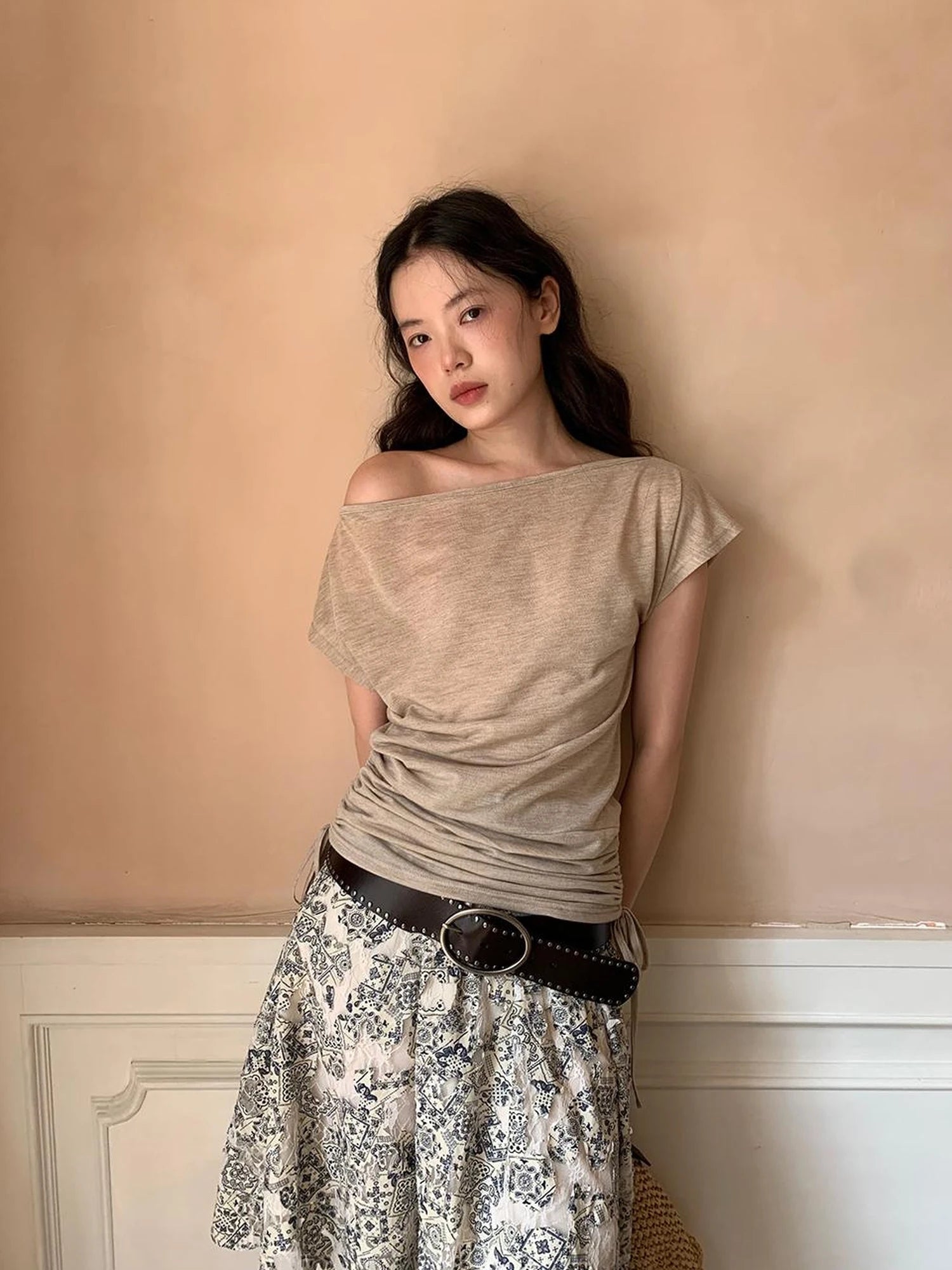 Lace Jacquard Slant Hem A Line Skirt With Draping