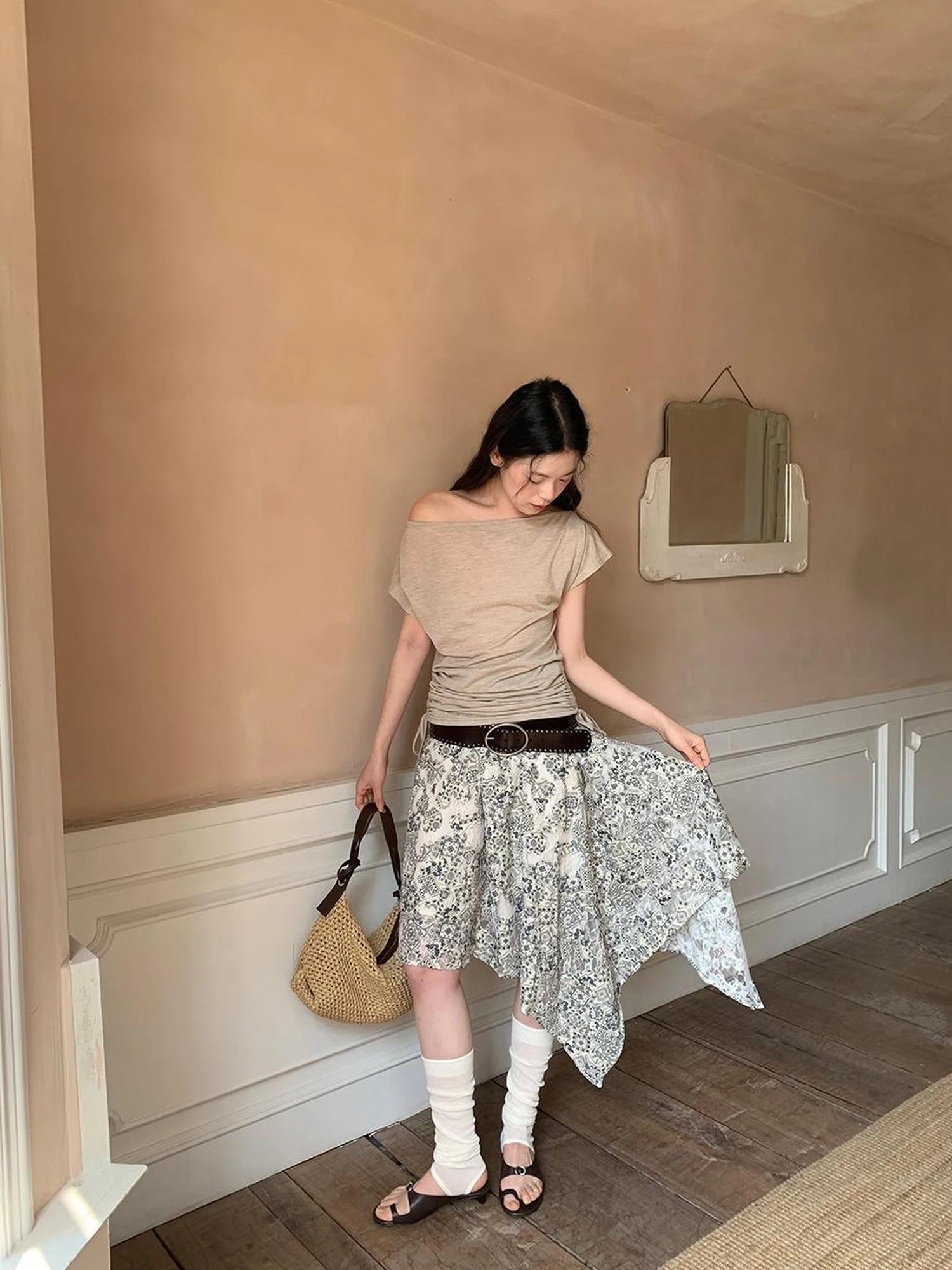 Lace Jacquard Slant Hem A Line Skirt With Draping