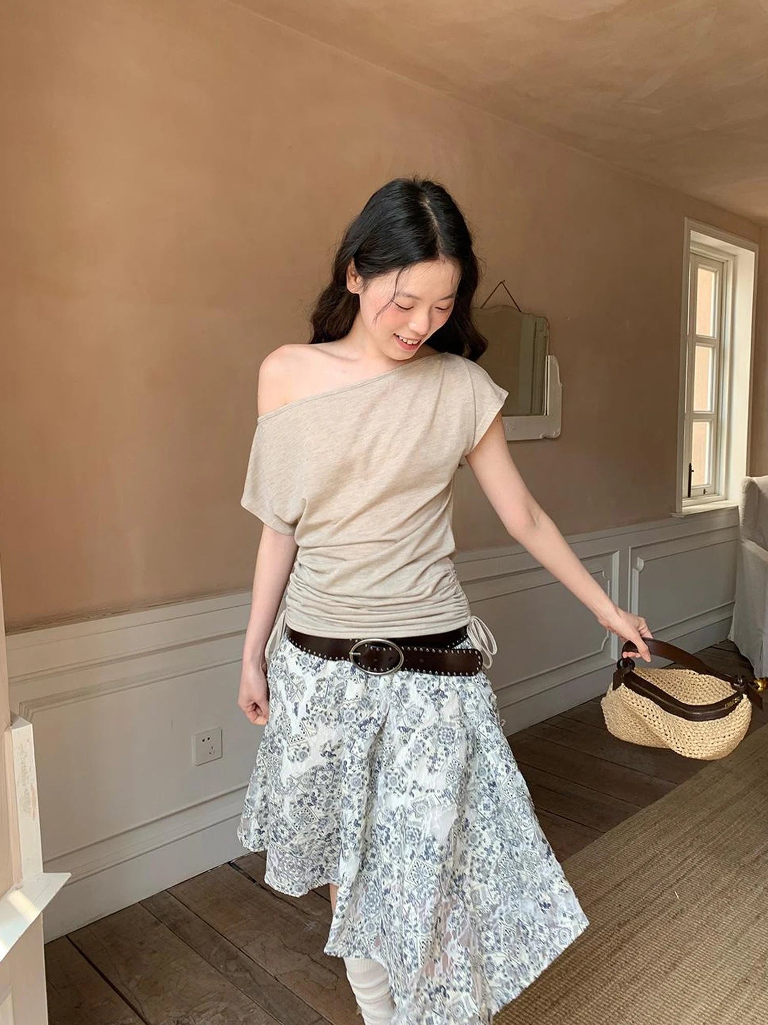 Lace Jacquard Slant Hem A Line Skirt With Draping