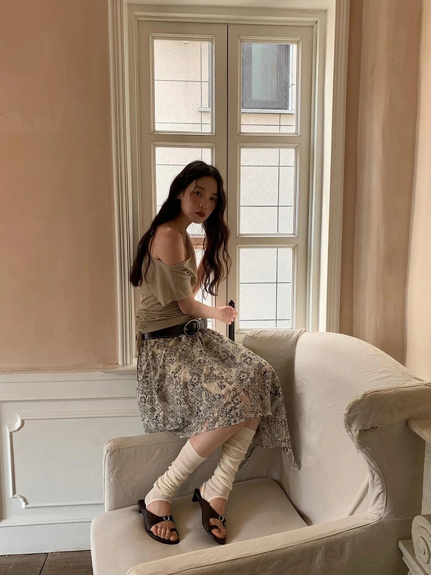 Lace Jacquard Slant Hem A Line Skirt With Draping