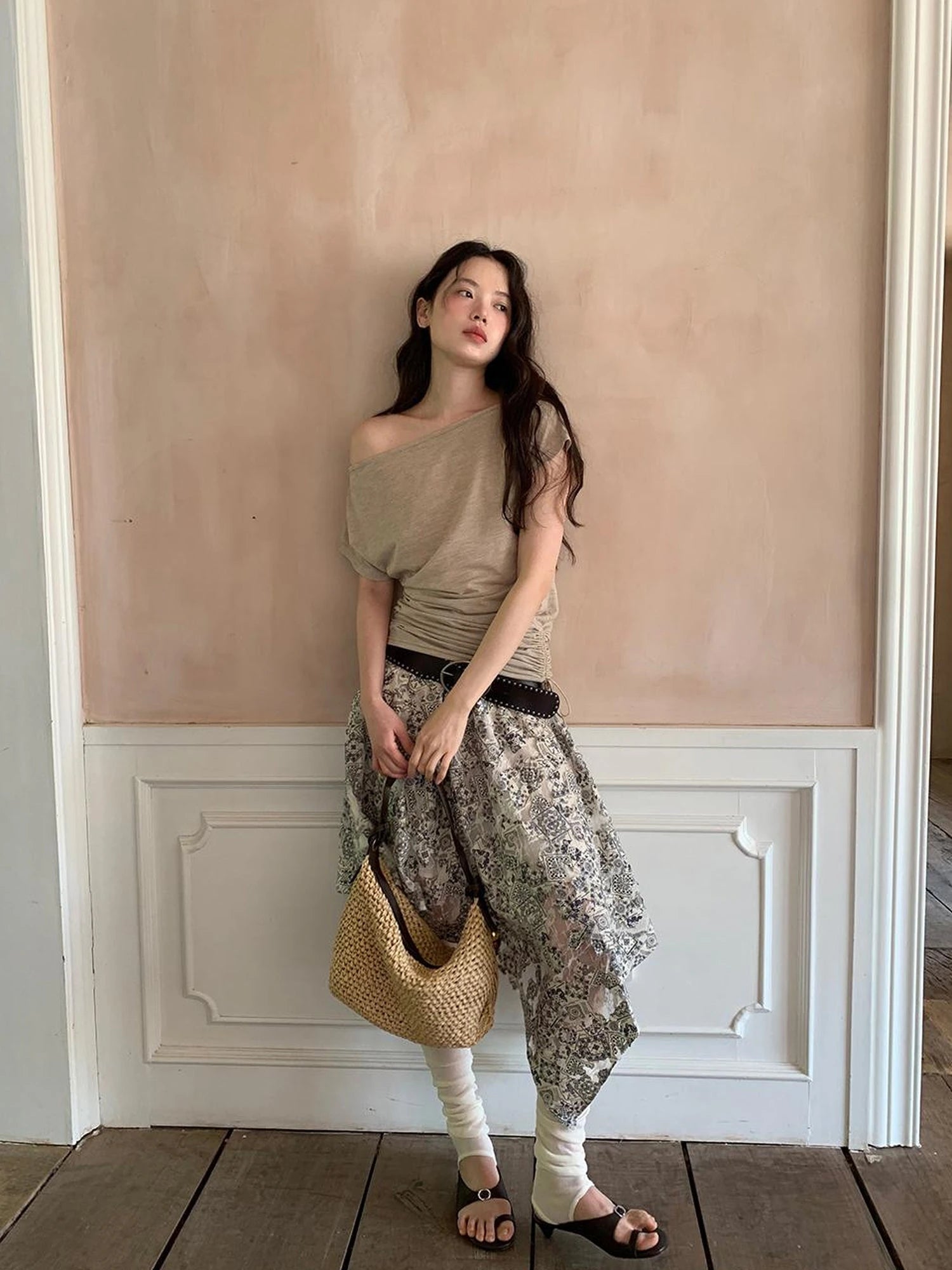 Lace Jacquard Slant Hem A Line Skirt With Draping