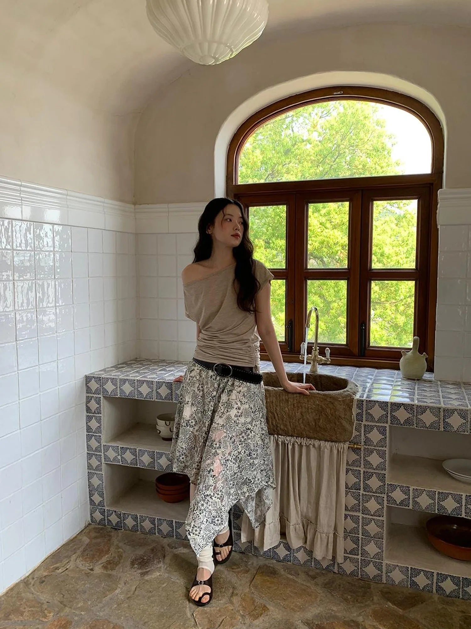 Lace Jacquard Slant Hem A Line Skirt With Draping