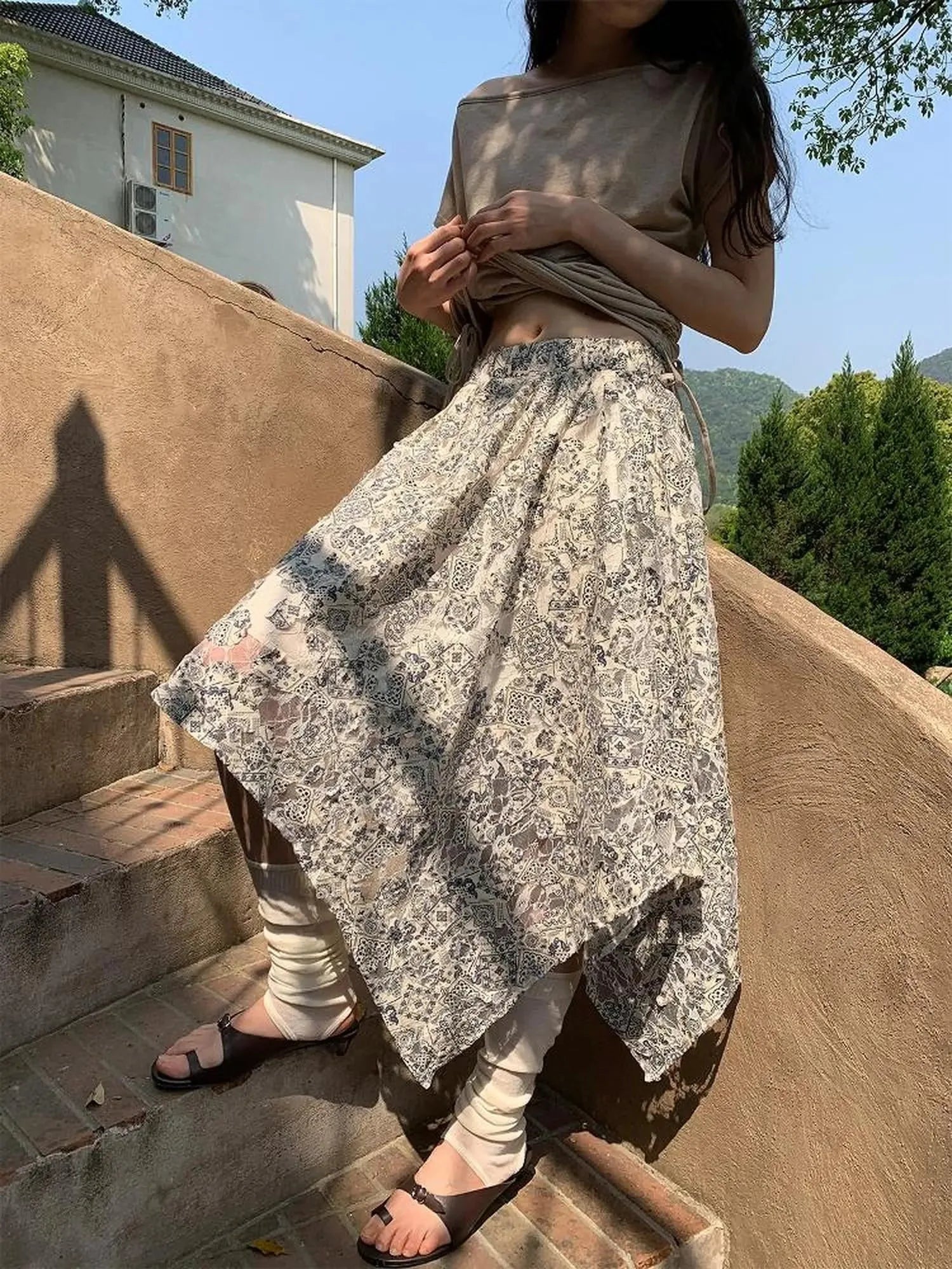 Lace Jacquard Slant Hem A Line Skirt With Draping