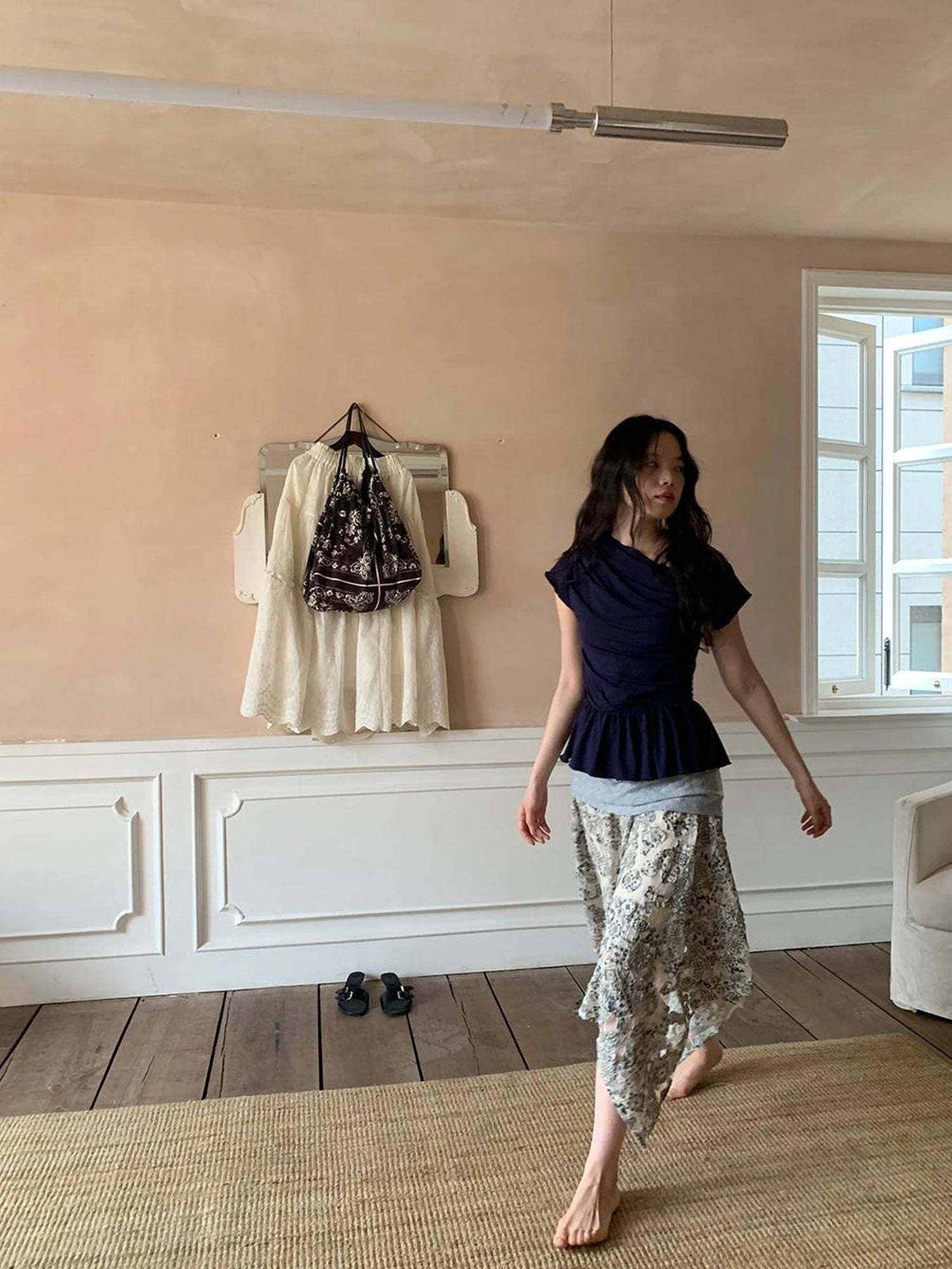 Lace Jacquard Slant Hem A Line Skirt With Draping