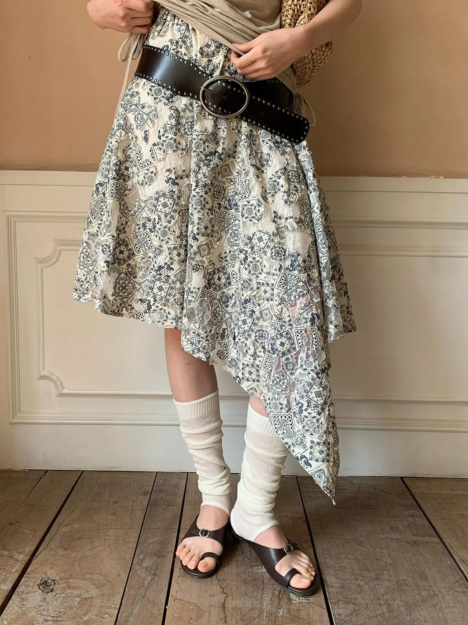 Lace Jacquard Slant Hem A Line Skirt With Draping