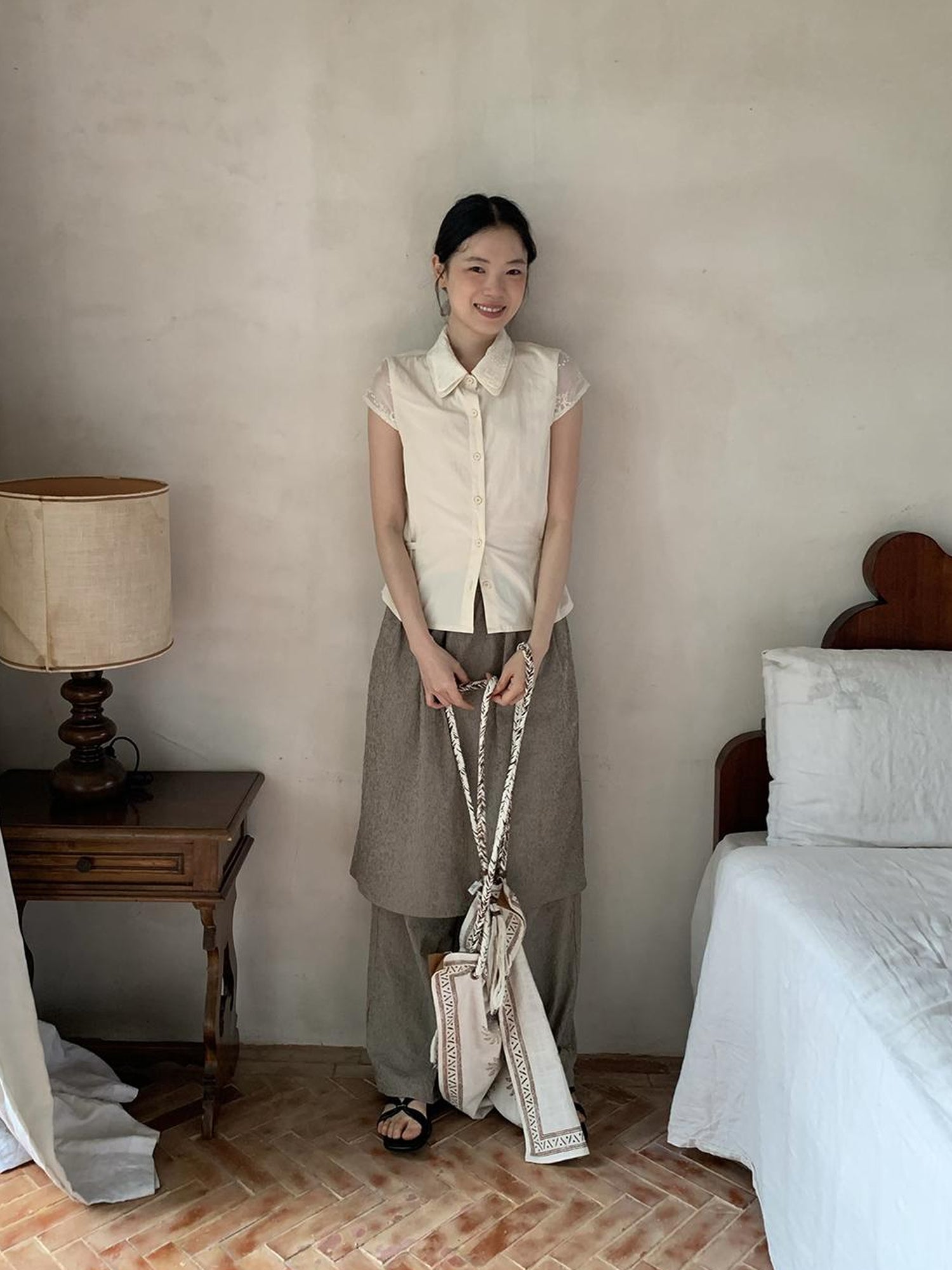 Dorydory Lace Paneled Double Collar Short Sleeve Shirt