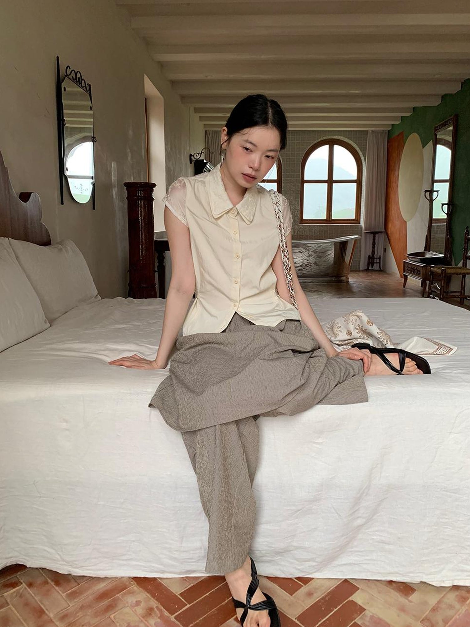 Dorydory Lace Paneled Double Collar Short Sleeve Shirt