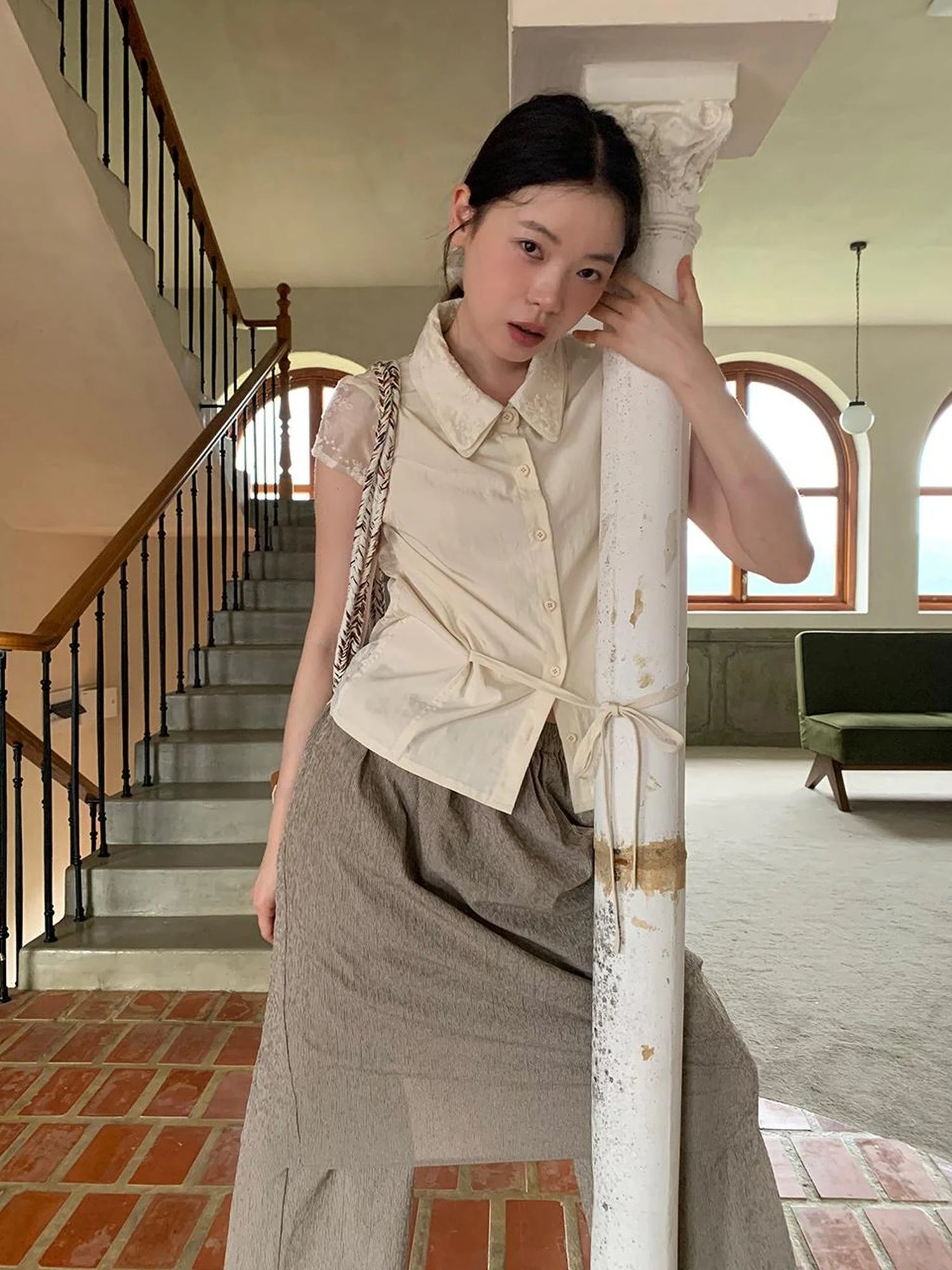 Lace Paneled Double Collar Short Sleeve Shirt