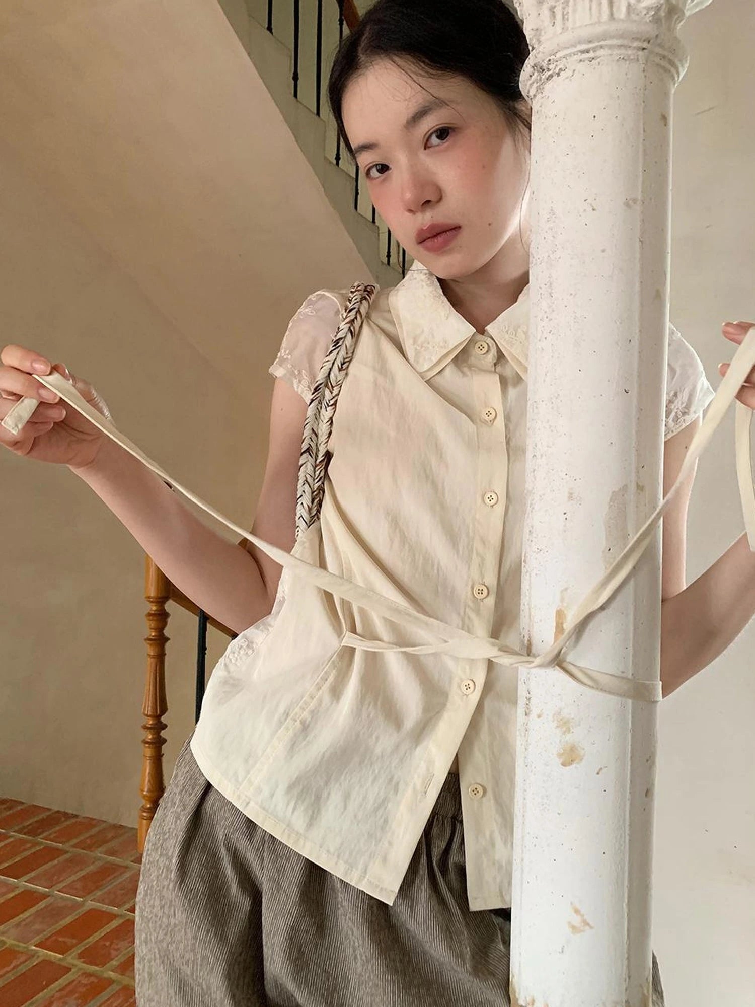 Lace Paneled Double Collar Short Sleeve Shirt