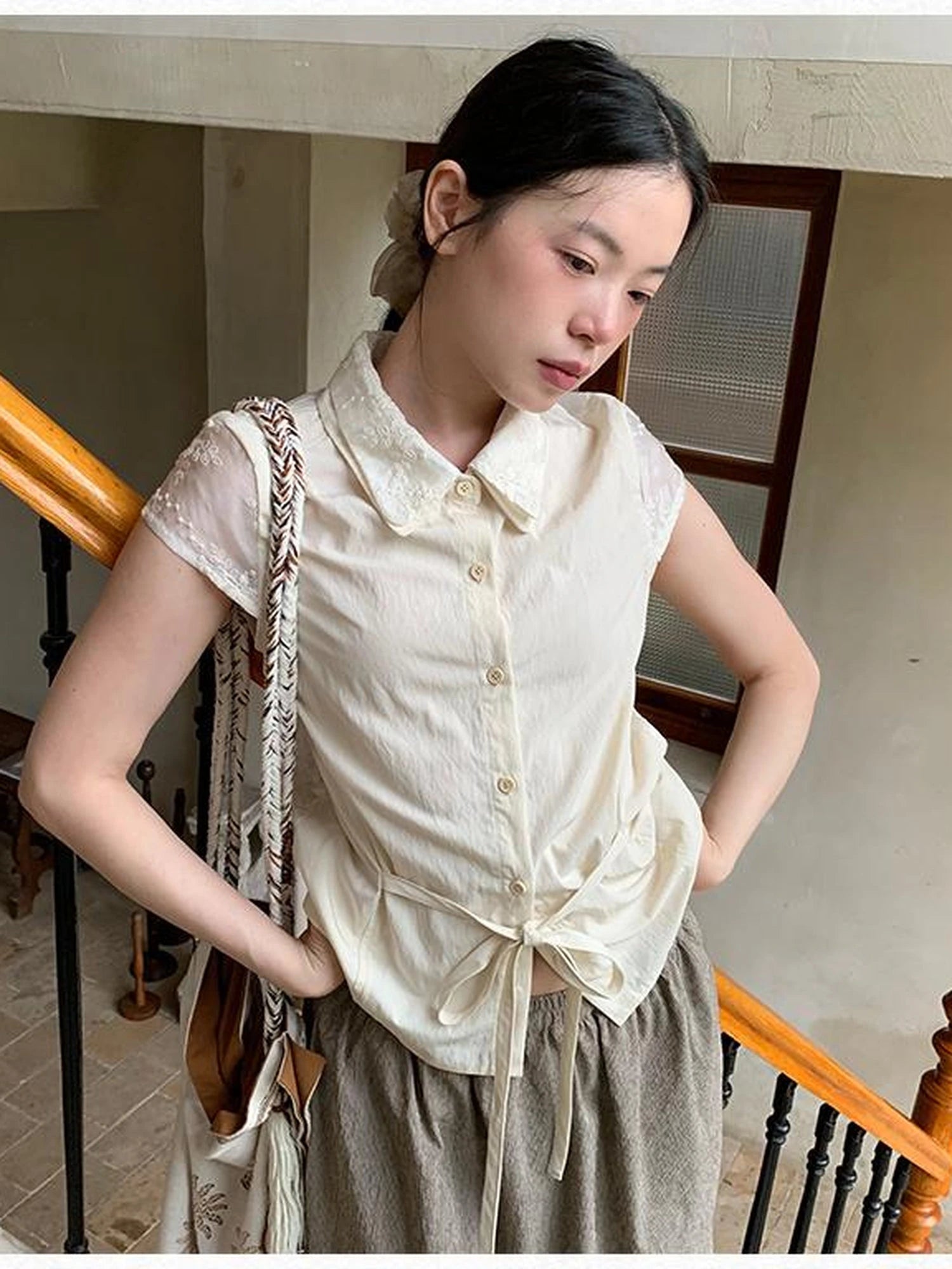 Lace Paneled Double Collar Short Sleeve Shirt