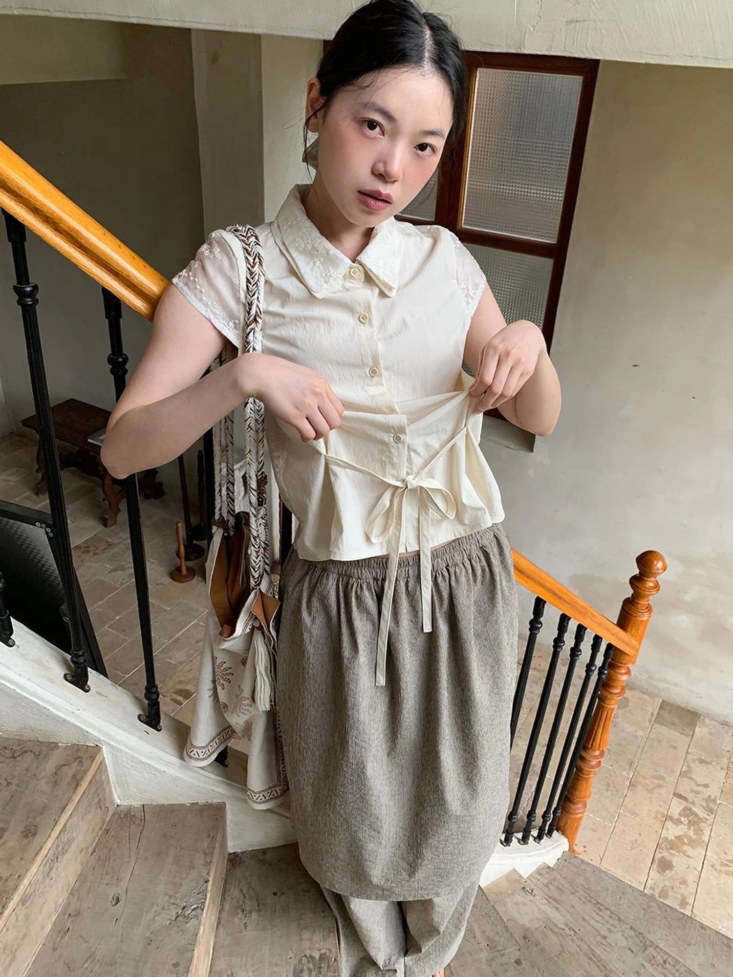 Lace Paneled Double Collar Short Sleeve Shirt