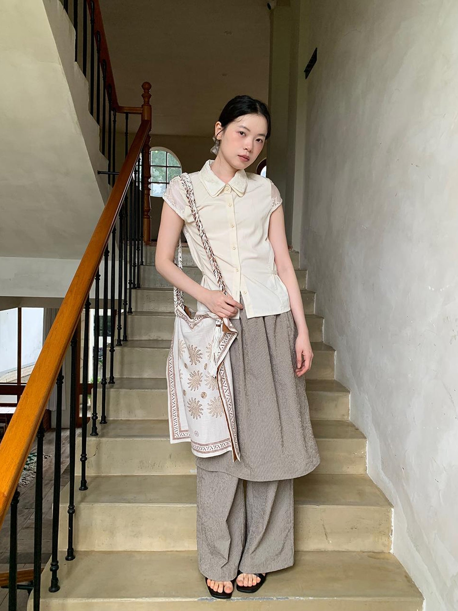 Dorydory Lace Paneled Double Collar Short Sleeve Shirt