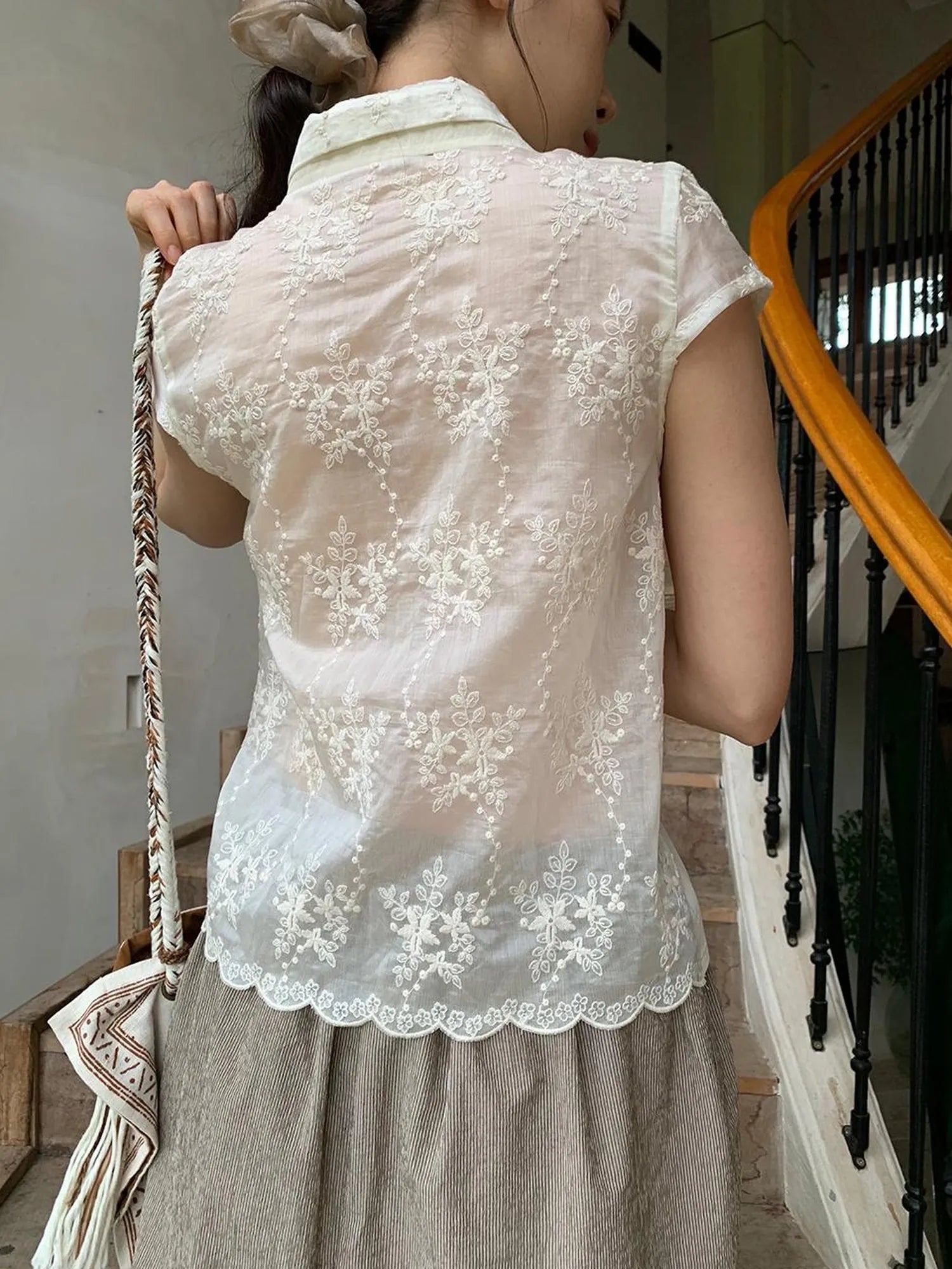 Lace Paneled Double Collar Short Sleeve Shirt