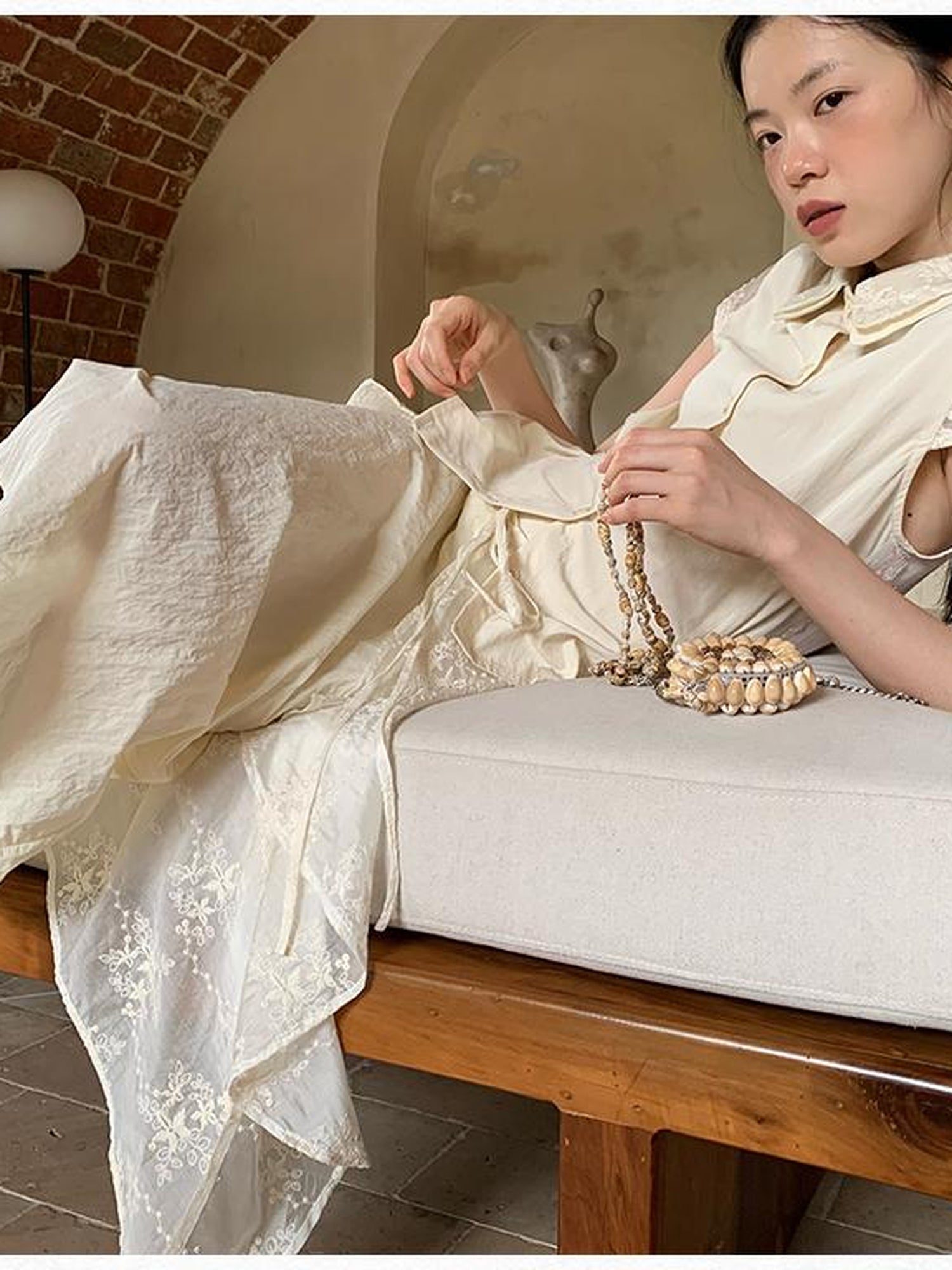 Dorydory Lace Paneled Double Collar Short Sleeve Shirt