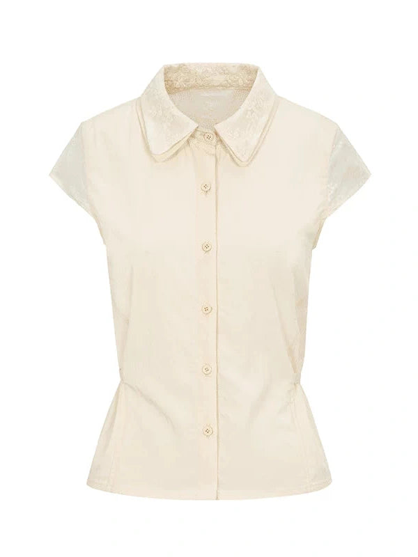 Lace Paneled Double Collar Short Sleeve Shirt