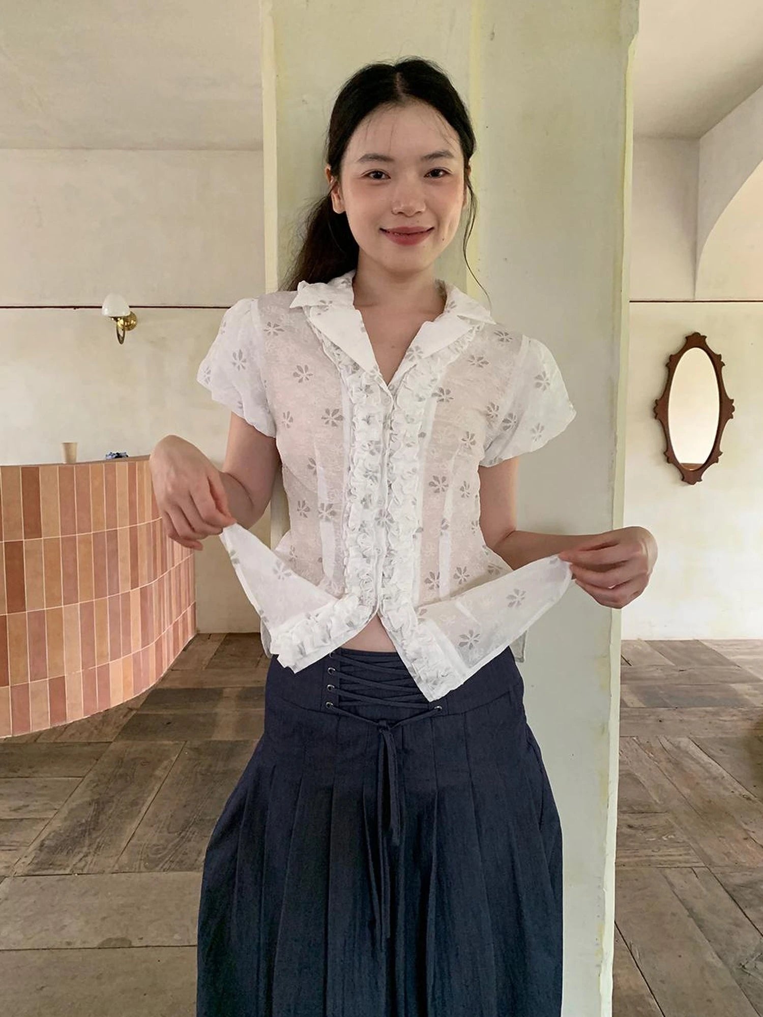 Lace Trimmed Floral Print Short Sleeve Blouse With Puff Sleeves