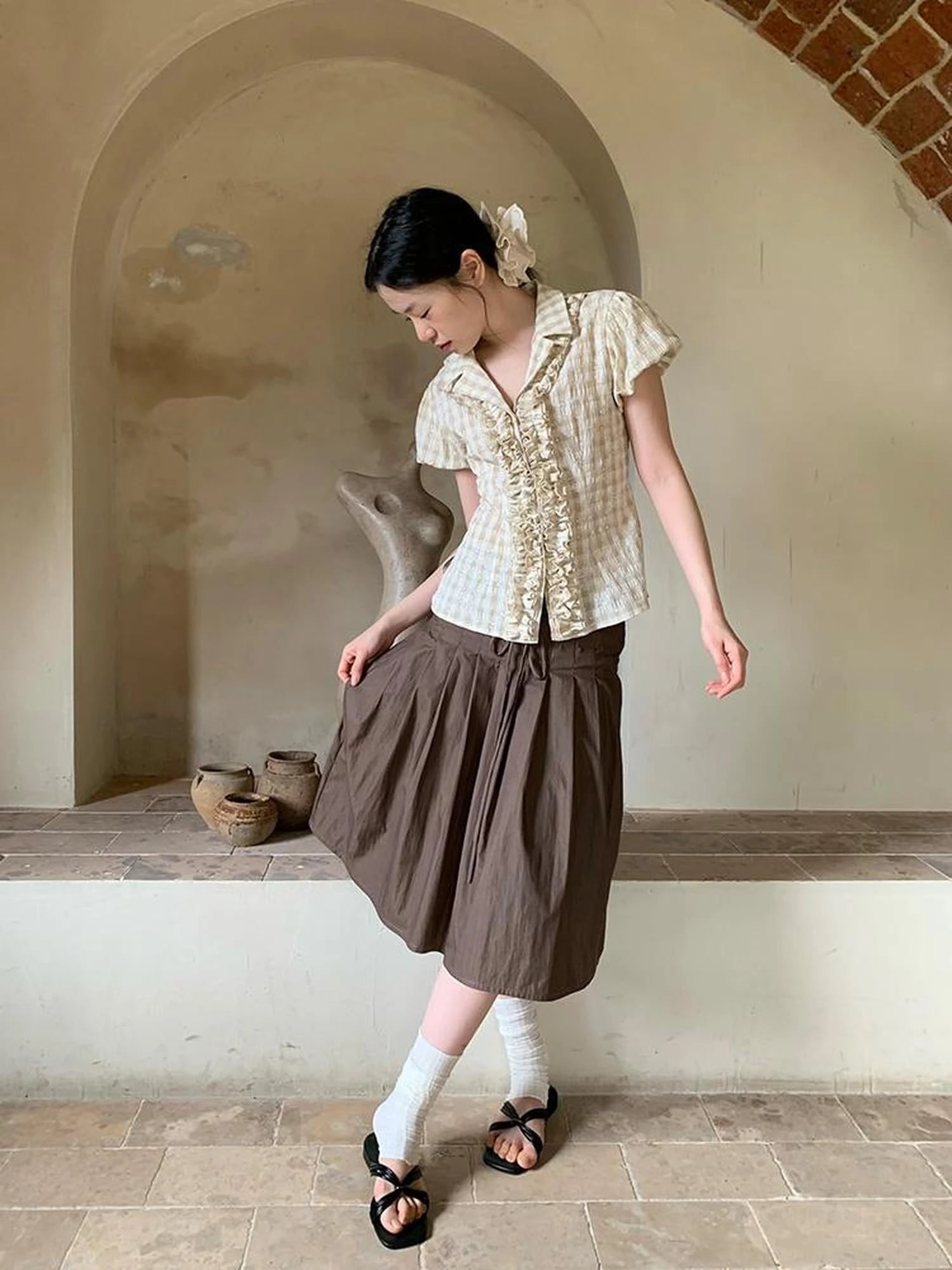 Lace Trimmed Floral Print Short Sleeve Blouse With Puff Sleeves