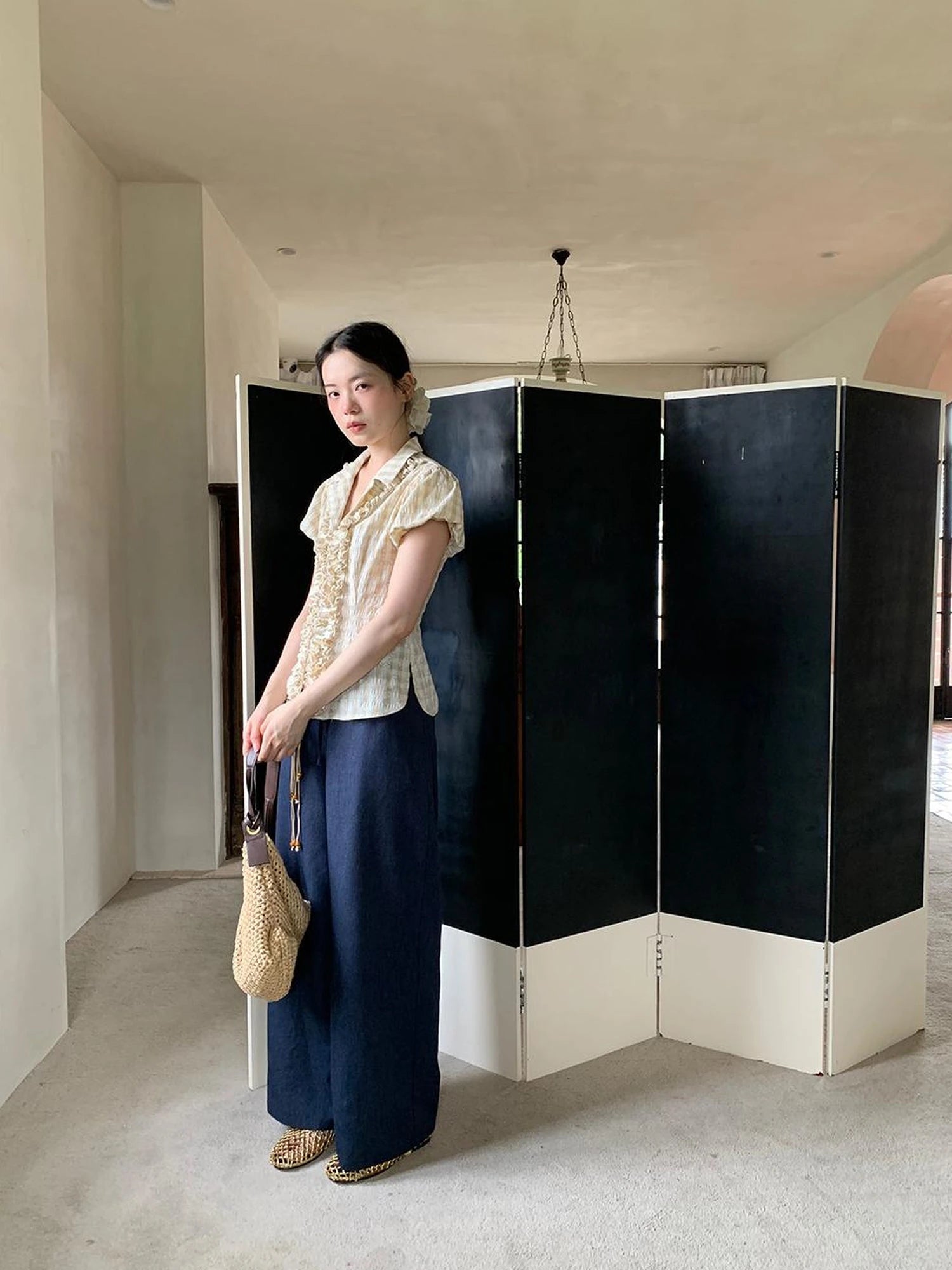 Lace Trimmed Floral Print Short Sleeve Blouse With Puff Sleeves