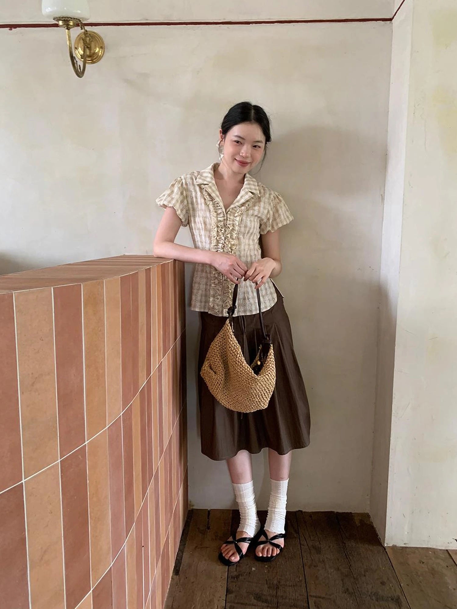 Lace Trimmed Floral Print Short Sleeve Blouse With Puff Sleeves