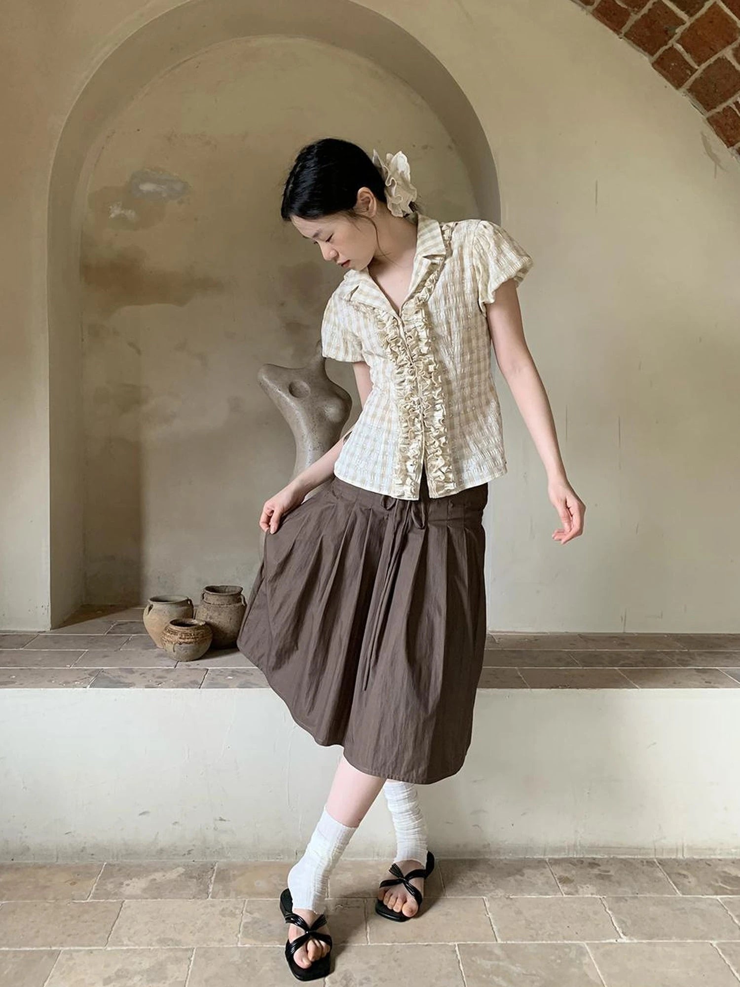 Lace Trimmed Floral Print Short Sleeve Blouse With Puff Sleeves