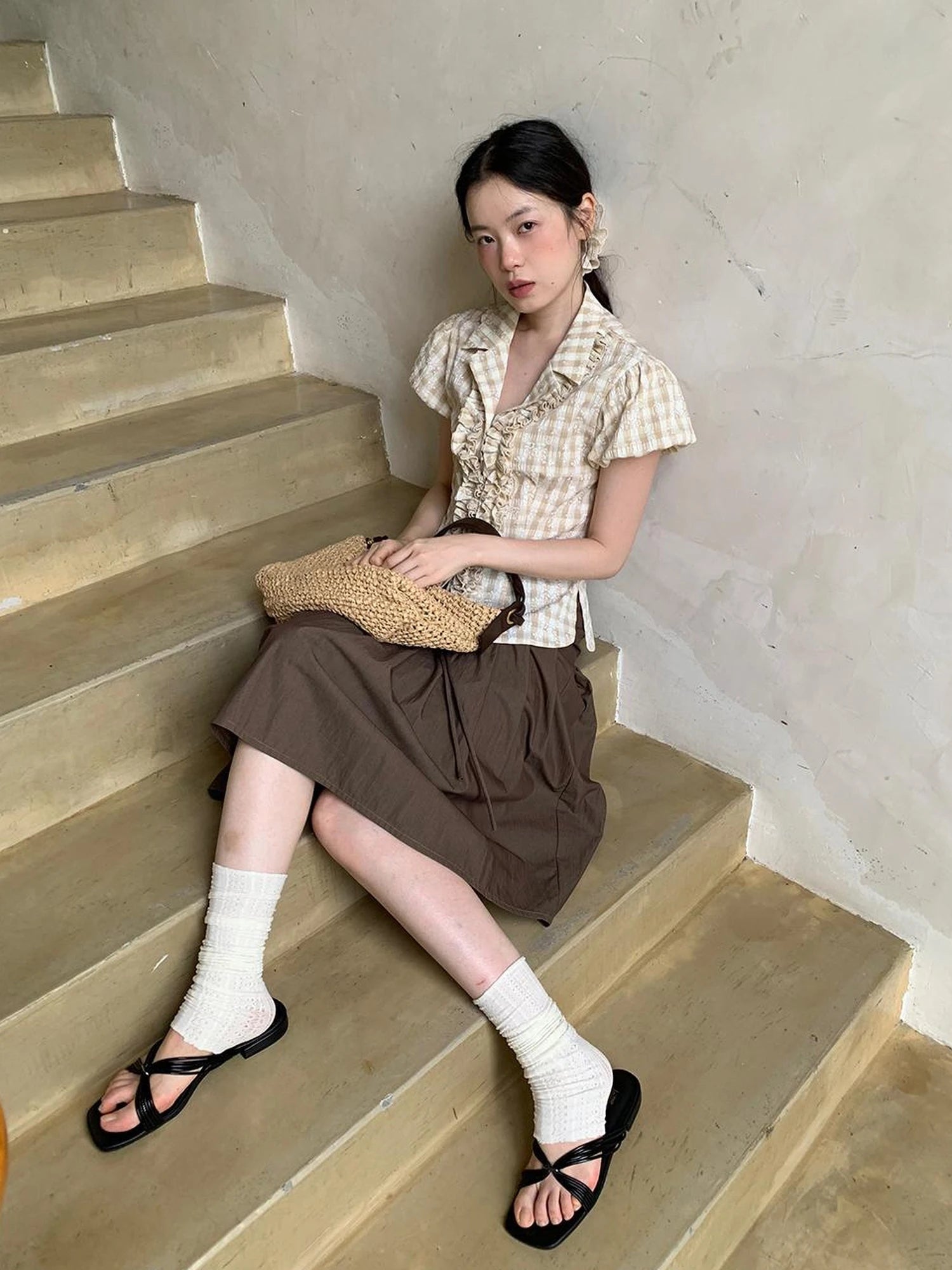 Lace Trimmed Floral Print Short Sleeve Blouse With Puff Sleeves