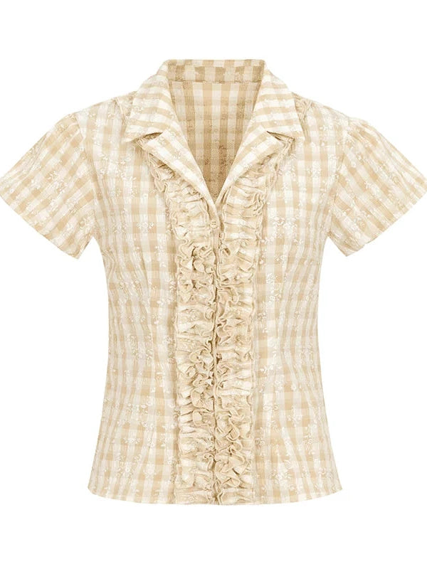 Lace Trimmed Floral Print Short Sleeve Blouse With Puff Sleeves