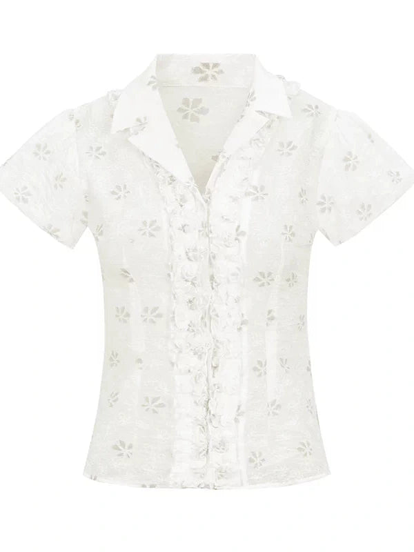Lace Trimmed Floral Print Short Sleeve Blouse With Puff Sleeves